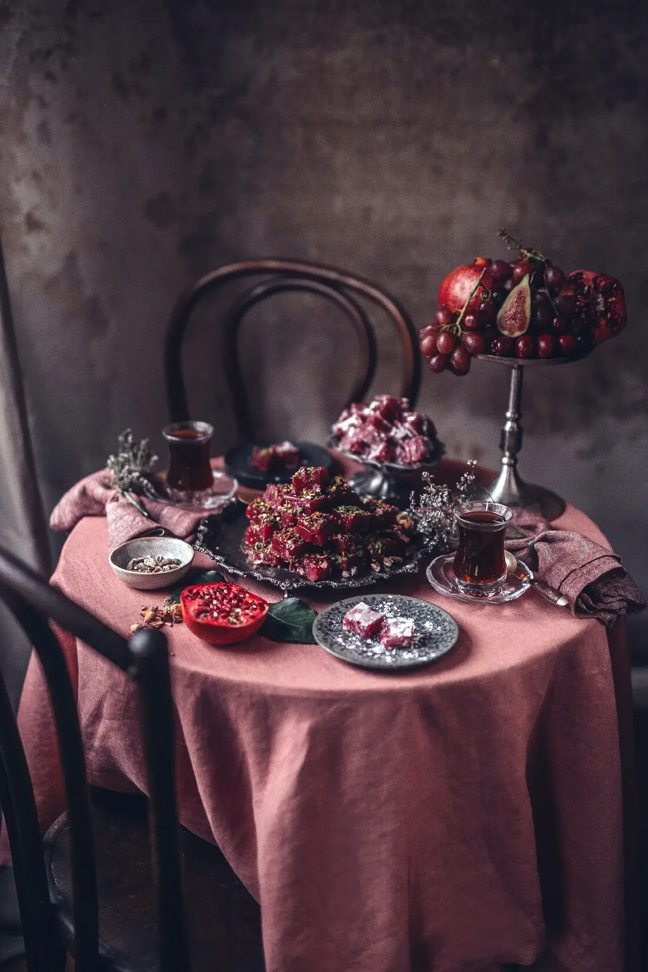 Elegant presentation of Turkish delight with pistachios and rose petals
