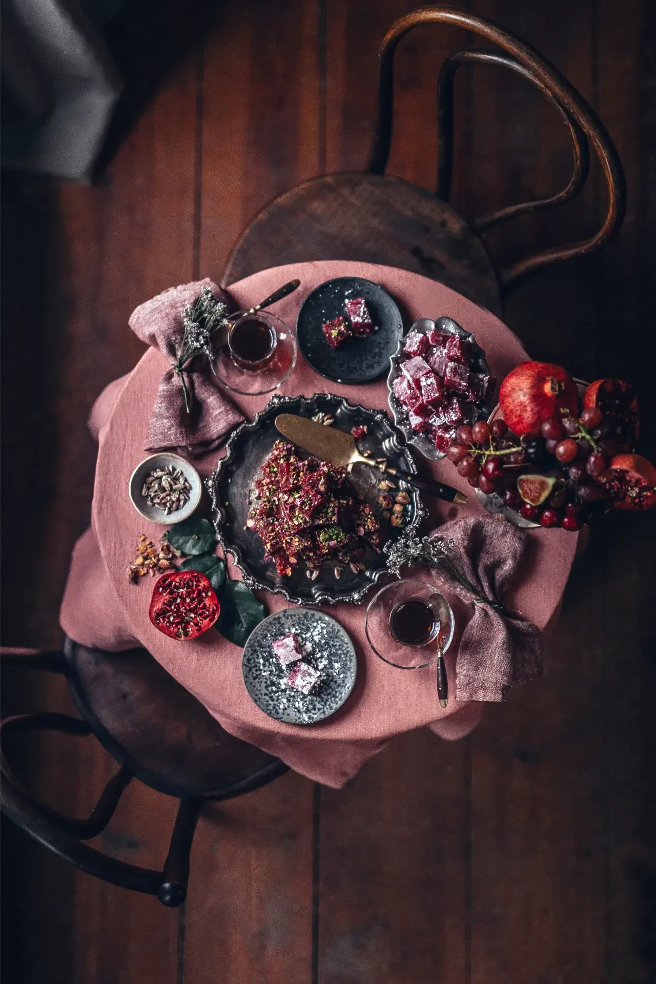 Handcrafted Turkish delight served with çay and floral table styling