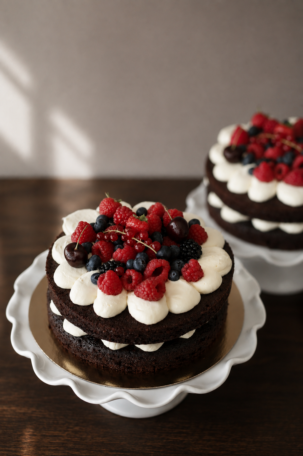Naked chocolate birthday cake with cream frosting and fresh mixed berries