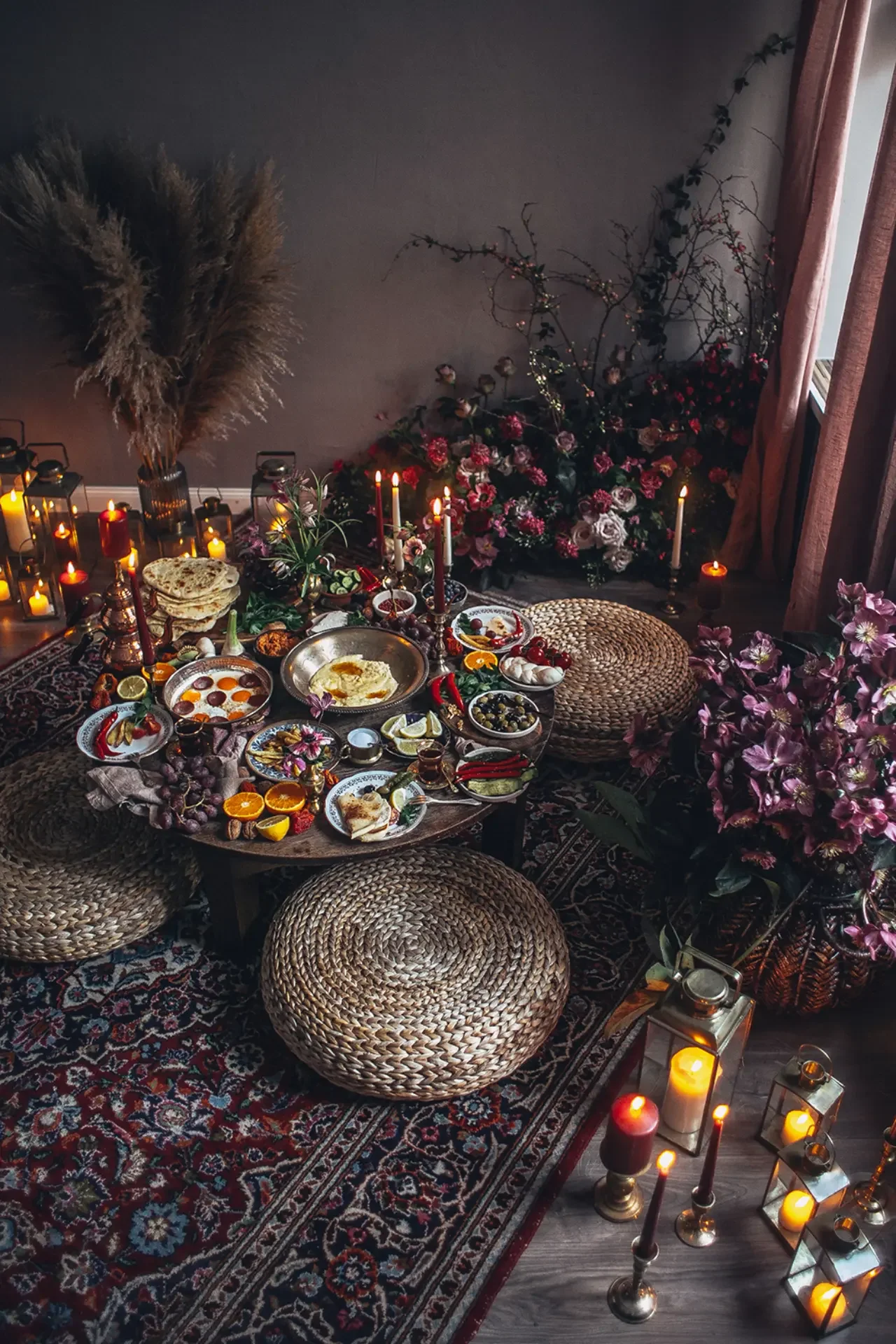 Evening mezze gathering with candles, flowers and handcrafted Turkish specialties