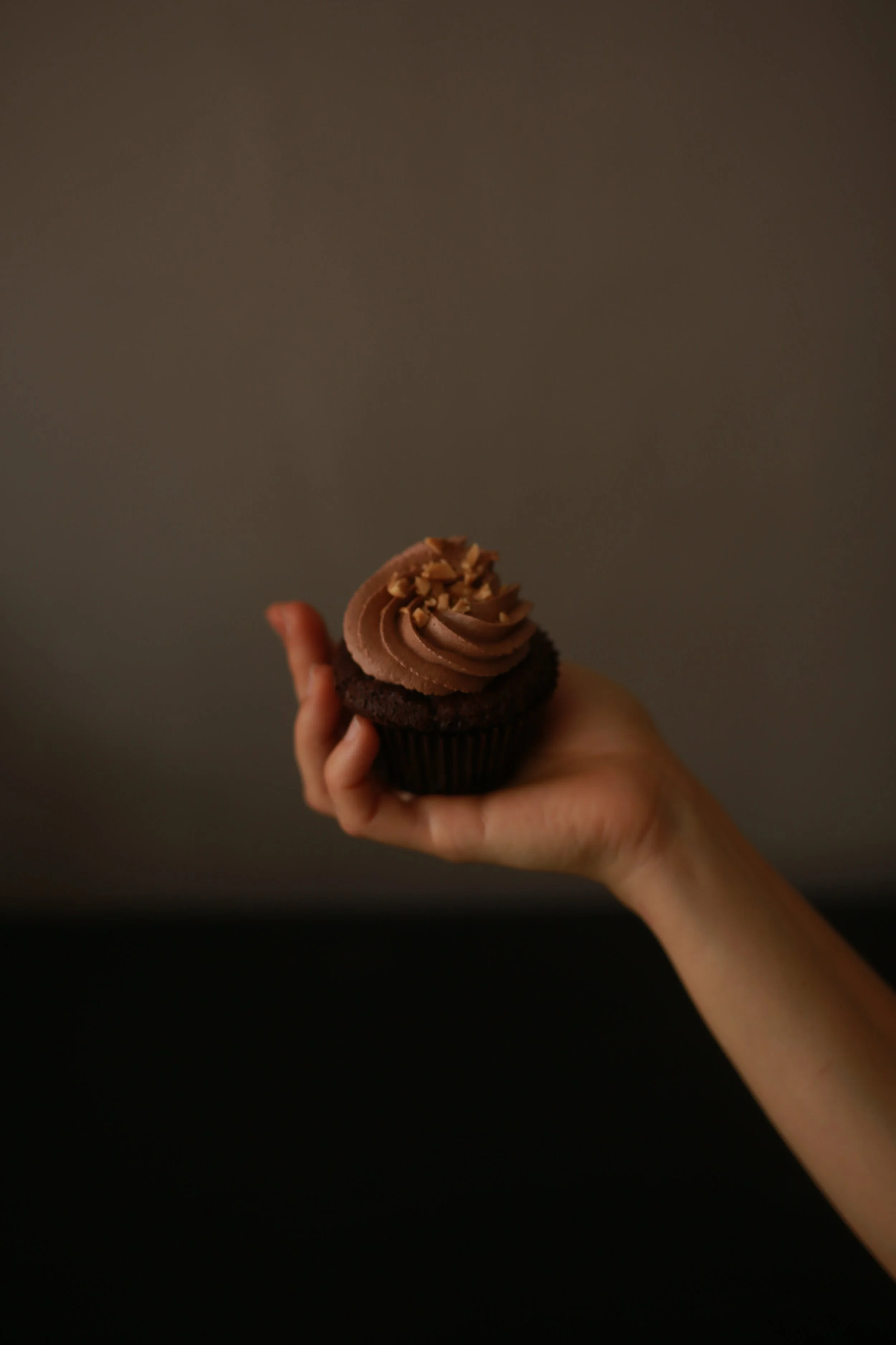 hand holding a chocolate cupcake topped with chocolate cream and nuts at dilekerei bakery in berlin