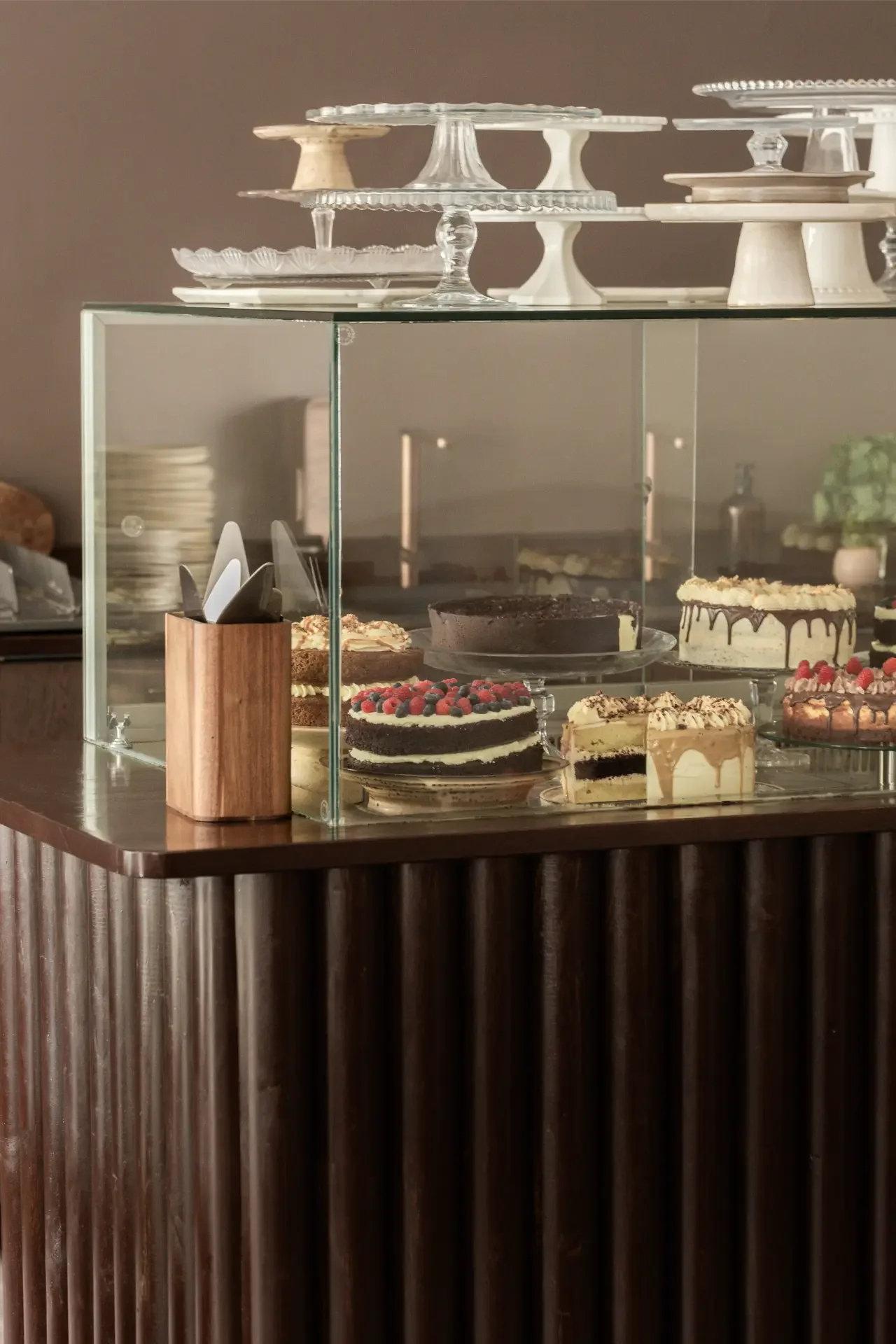 Luxury cake display with handmade desserts inside Dilekerei pastry shop
