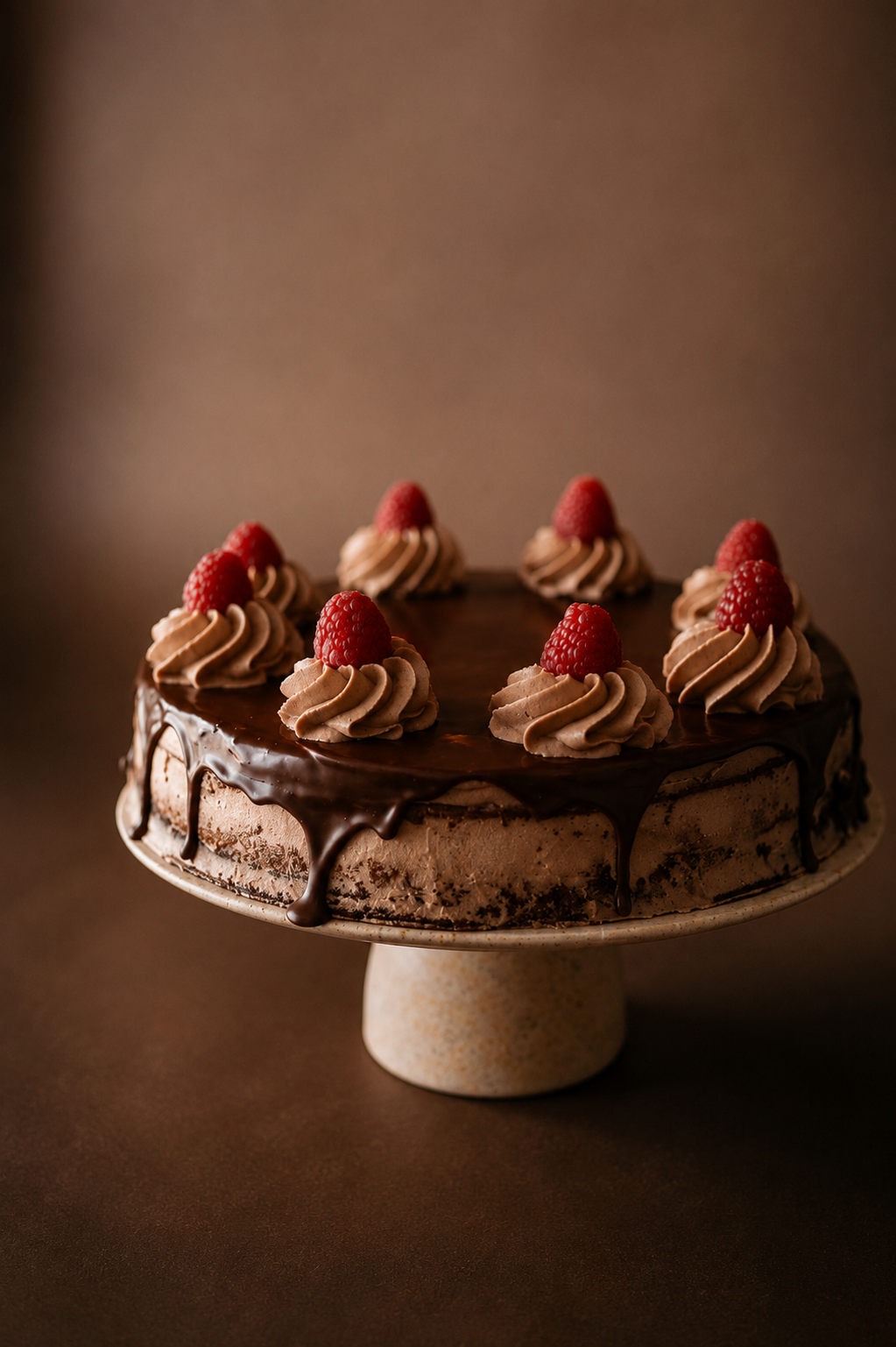 Chocolate birthday cake with piped chocolate frosting and fresh raspberries