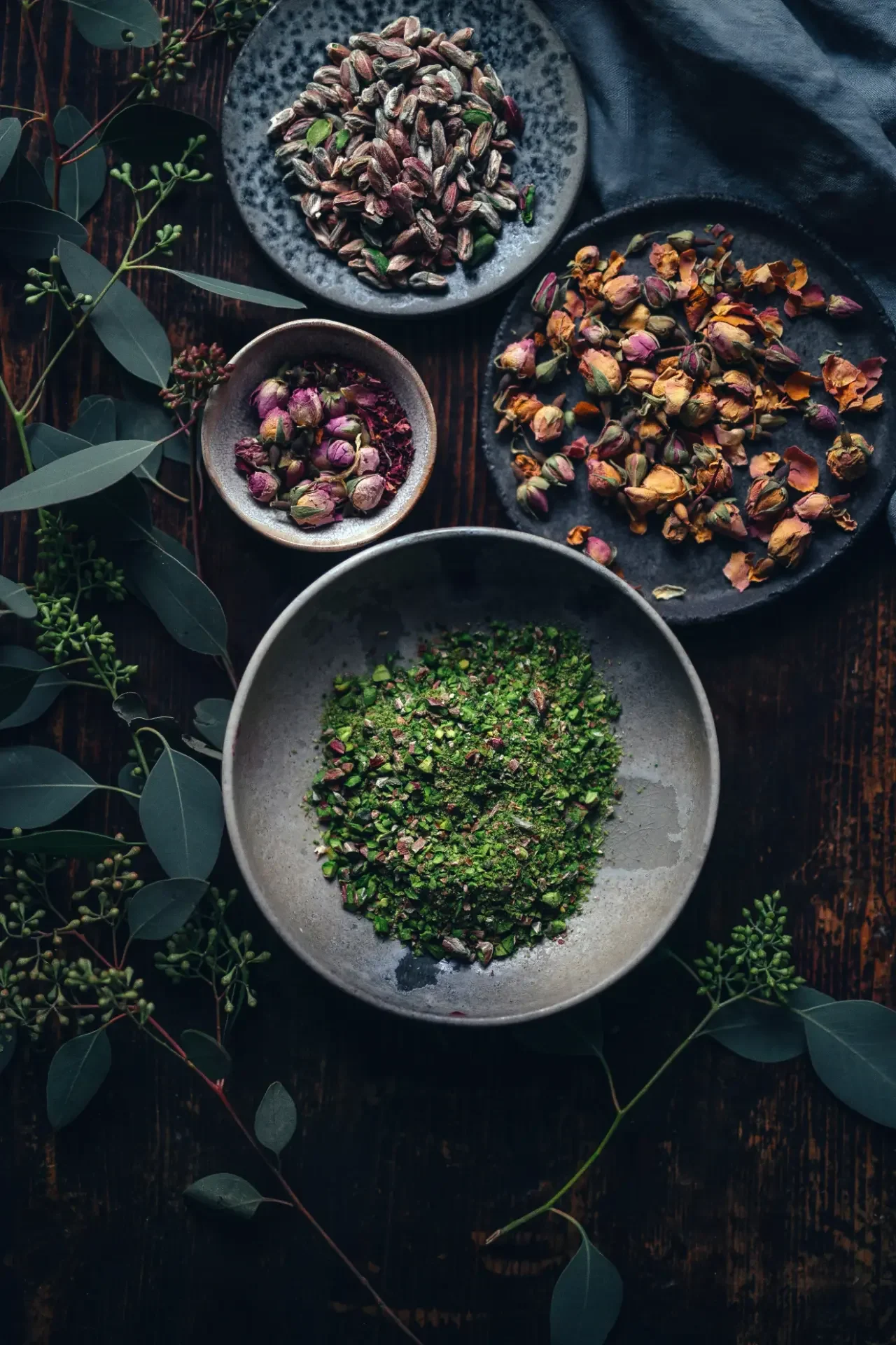 Ingredients for handmade Turkish lokum with pistachios and dried rose buds