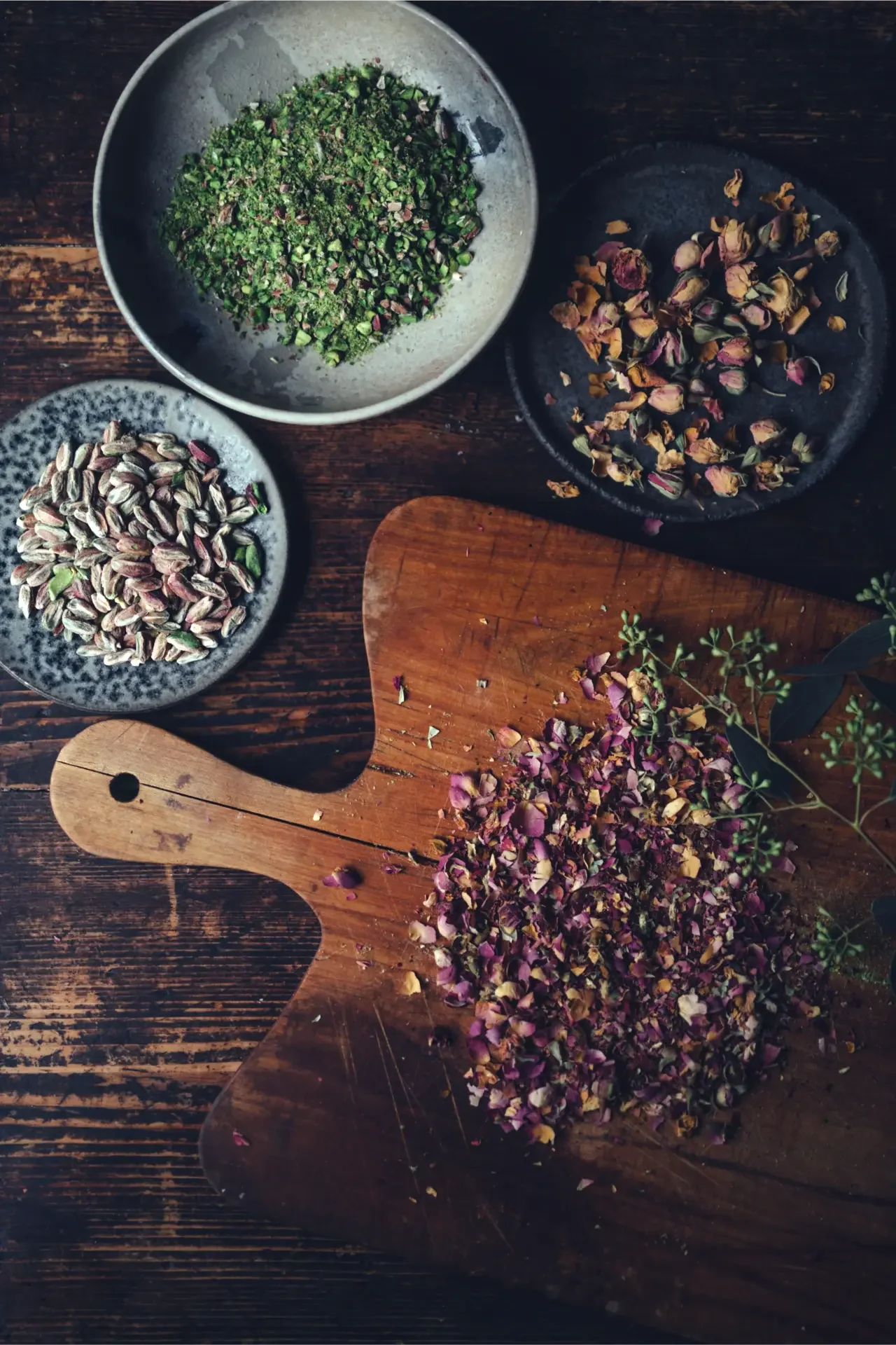 Pistachios and dried rose buds prepared for homemade lokum recipe