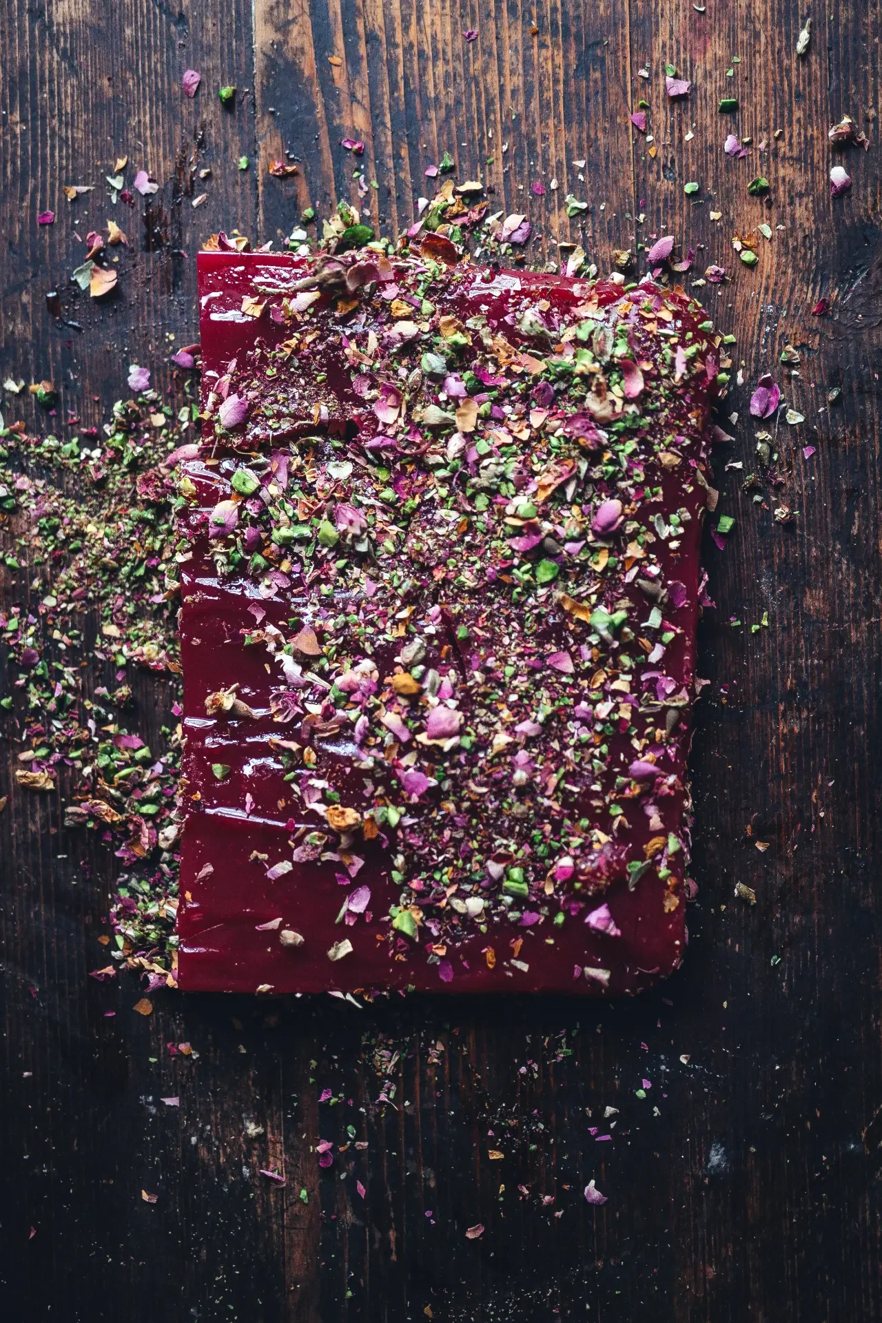 Freshly made Turkish delight topped with pistachios and dried rose petals
