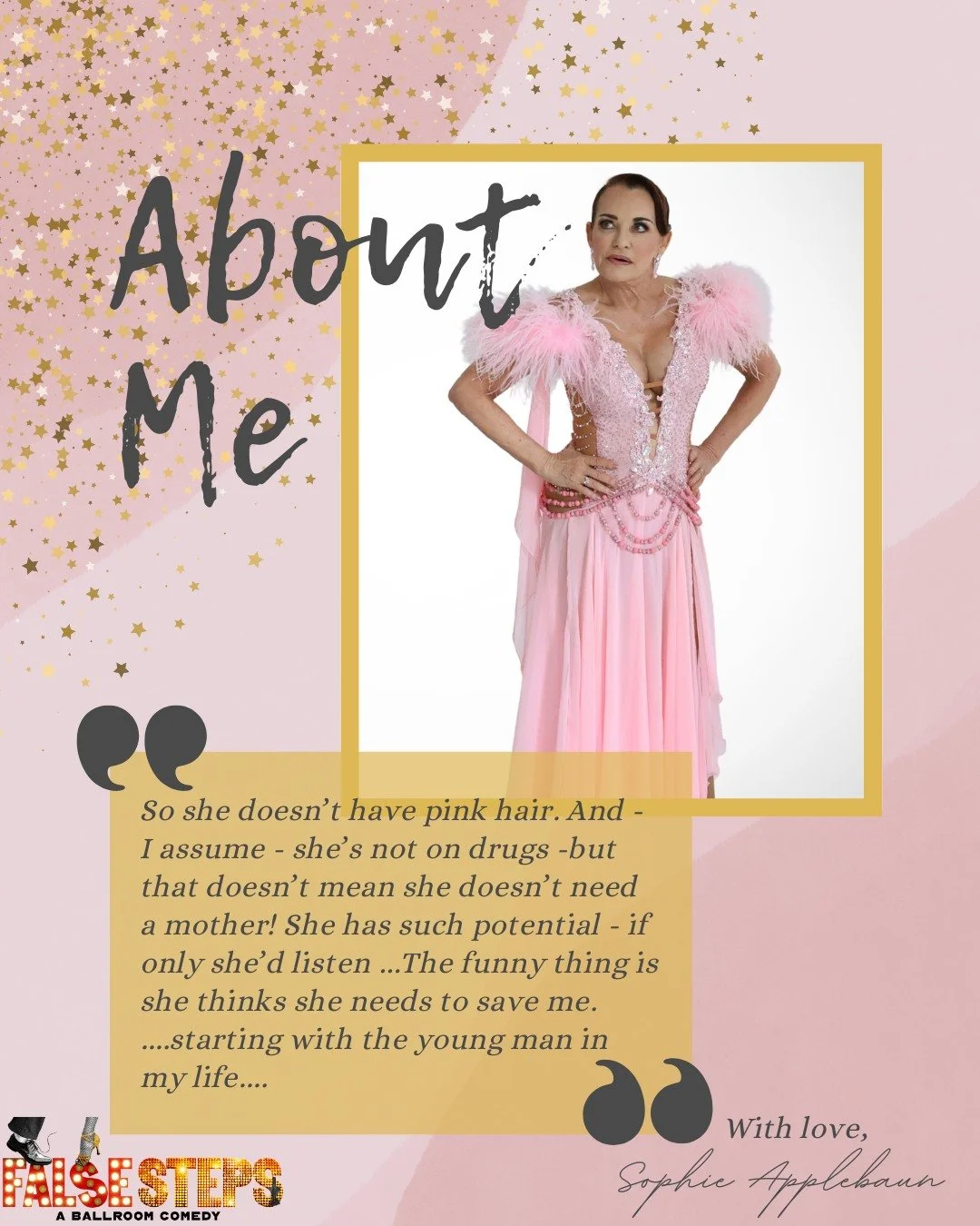 💋 Meet Sophie Applebaum

She&rsquo;s got feathers, flair, and a firm grip on her opinions. But underneath the sparkle? A mother trying to reconnect with her daughter, with herself, and maybe with a certain young dance instructor. 💃💕

✨ &ldquo;She 