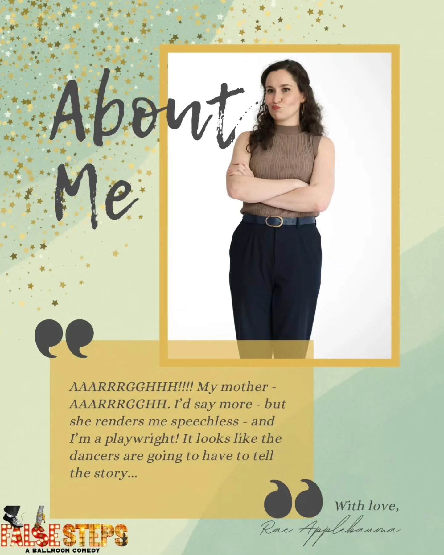 Meet RAE APPLEBAUM 

A struggling playwright with a stalled career, a sharp tongue, and a mother who drives her absolutely up the wall. 
When Sophie falls for a much younger ballroom dancer, Rae does what any New York daughter would: hires a private 