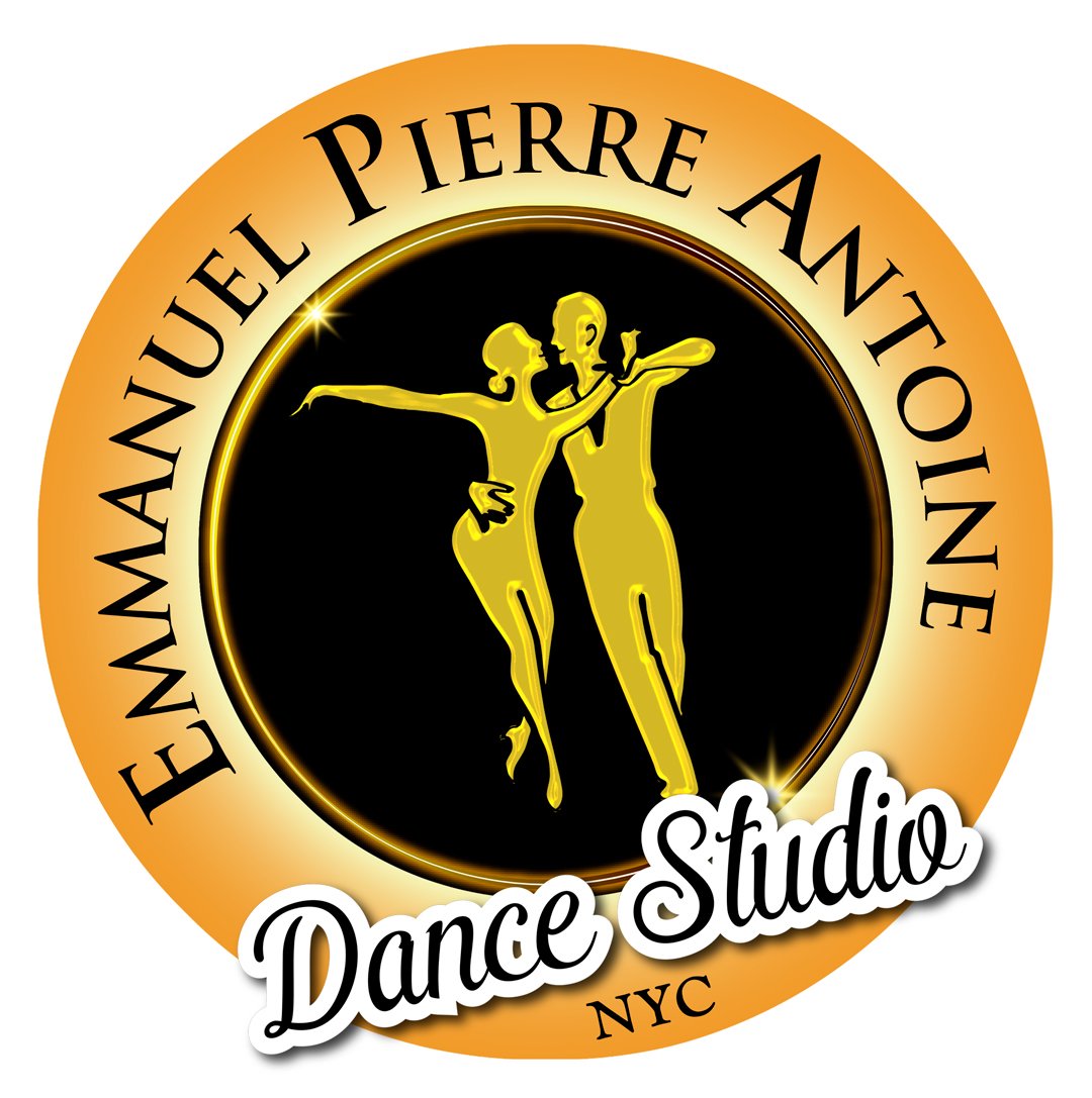 A circular logo for 'Emanuelle Pierre Antoine Dance Studio NYC' featuring a black background with a gold, stylized silhouette of a dancing couple in the center, and gold and white text around the circle.