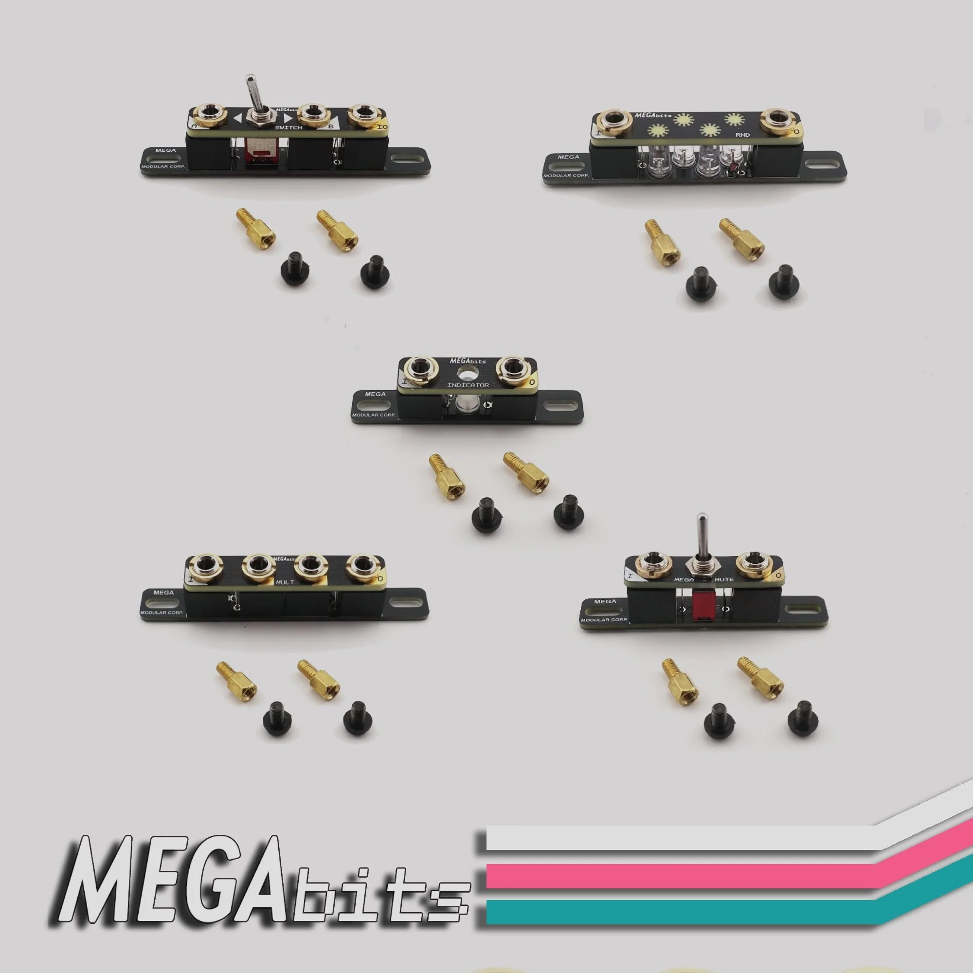 The first five megabits are now available in the shop!  Switch lets you swap between two sources or two output routes.  RND adds wild randomness to voltage as it passes through! IND shows you your signal with an LED. Mult is a mult, believe it or not