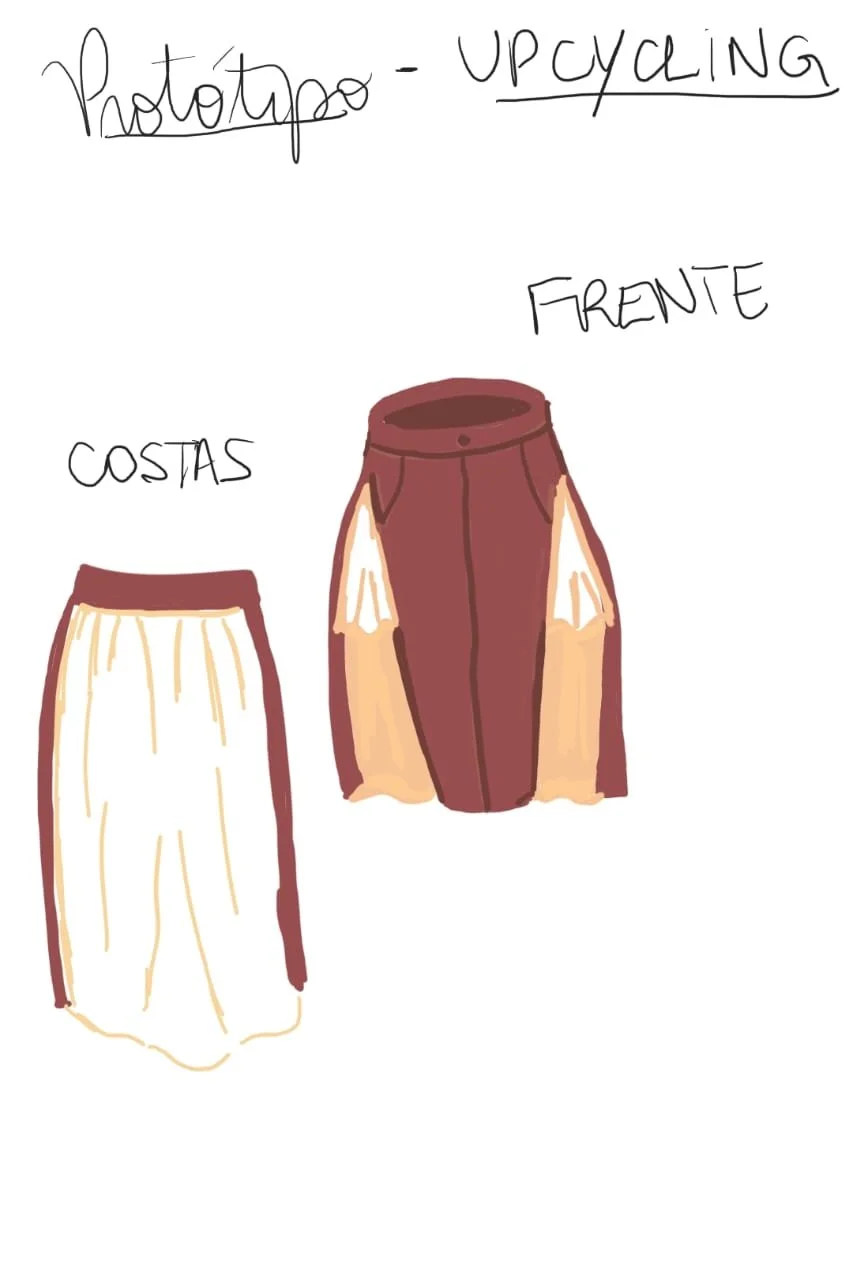 Desenho de protótipo de saia em estilo upcycling, mostrando a parte da frente e das costas, com detalhes em marrom e bege.