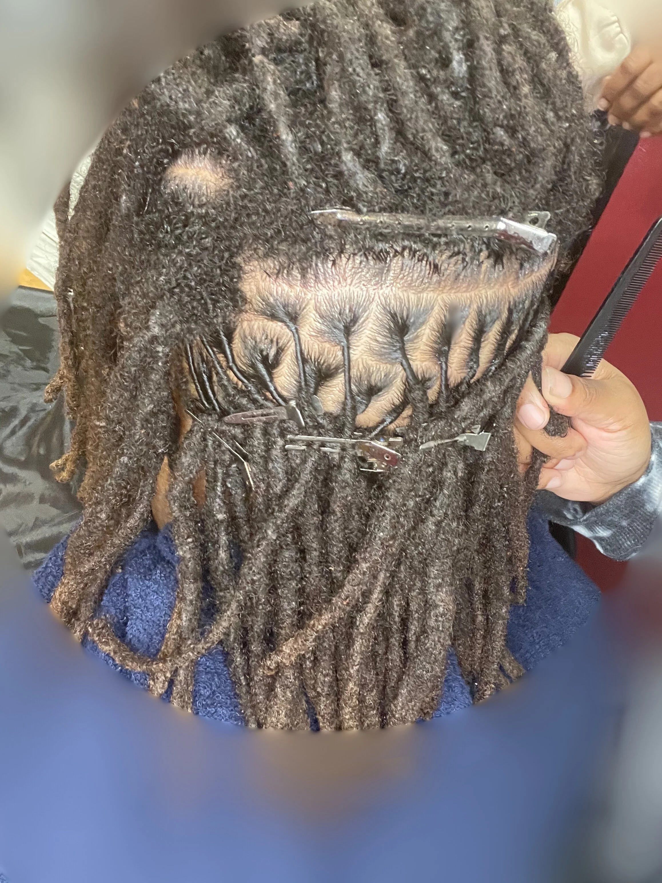 Close-up of dreadlocks being retwisted and sectioned with hair clips and a comb.