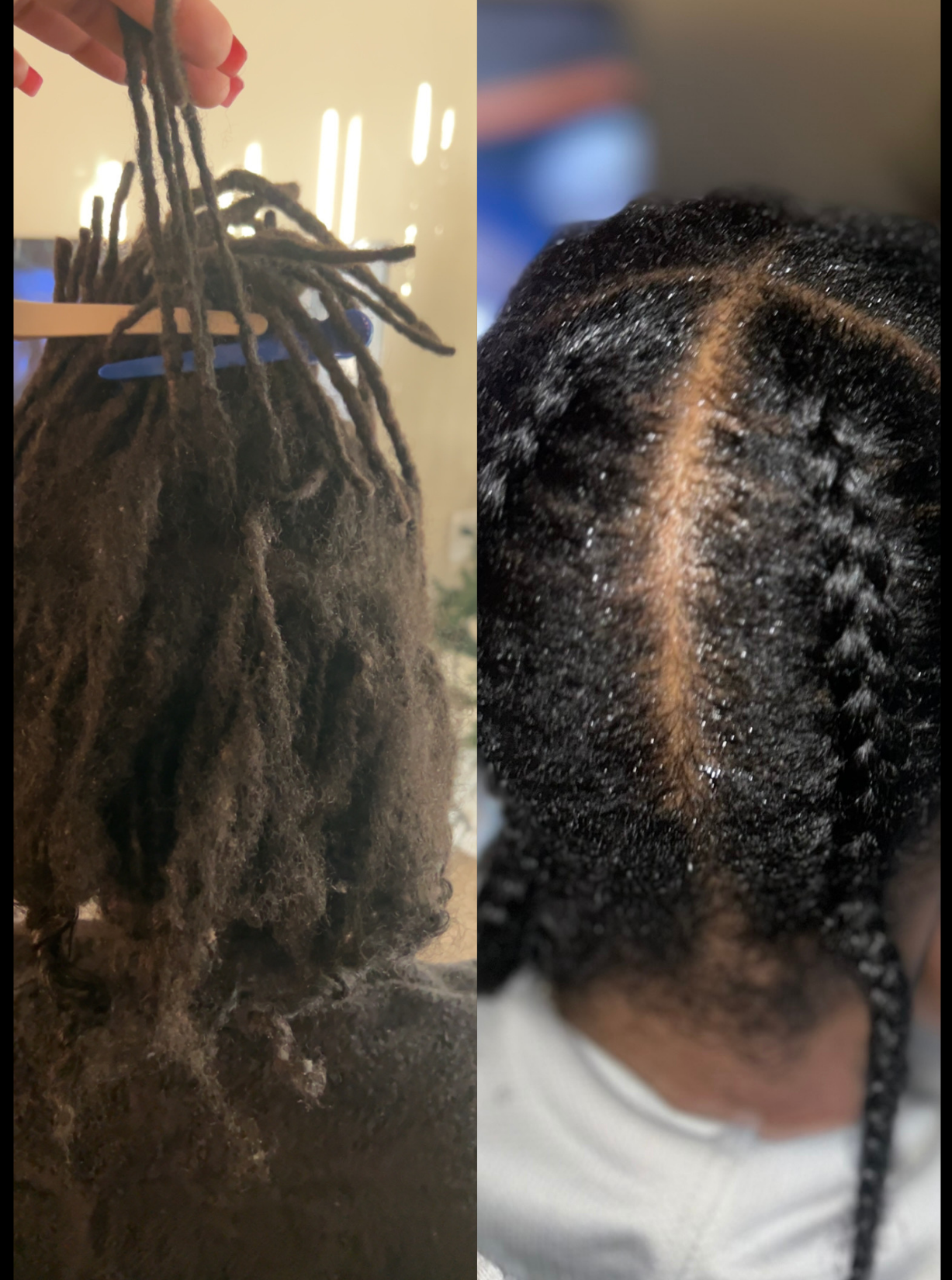Before and after hair transformation; left shows matted dreadlocks, right shows neatly braided hair.