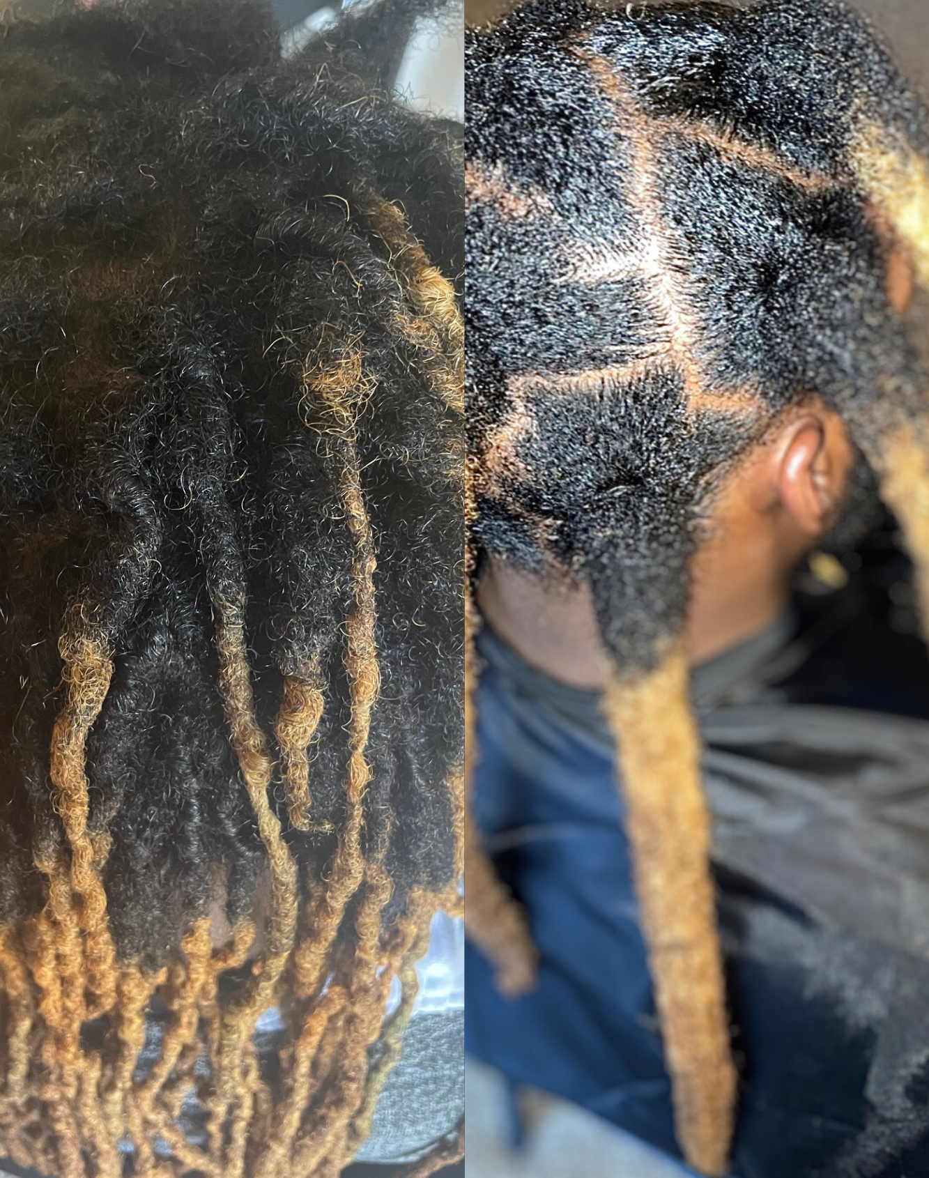 Before and after of dreadlock retwisting with blonde tips.
