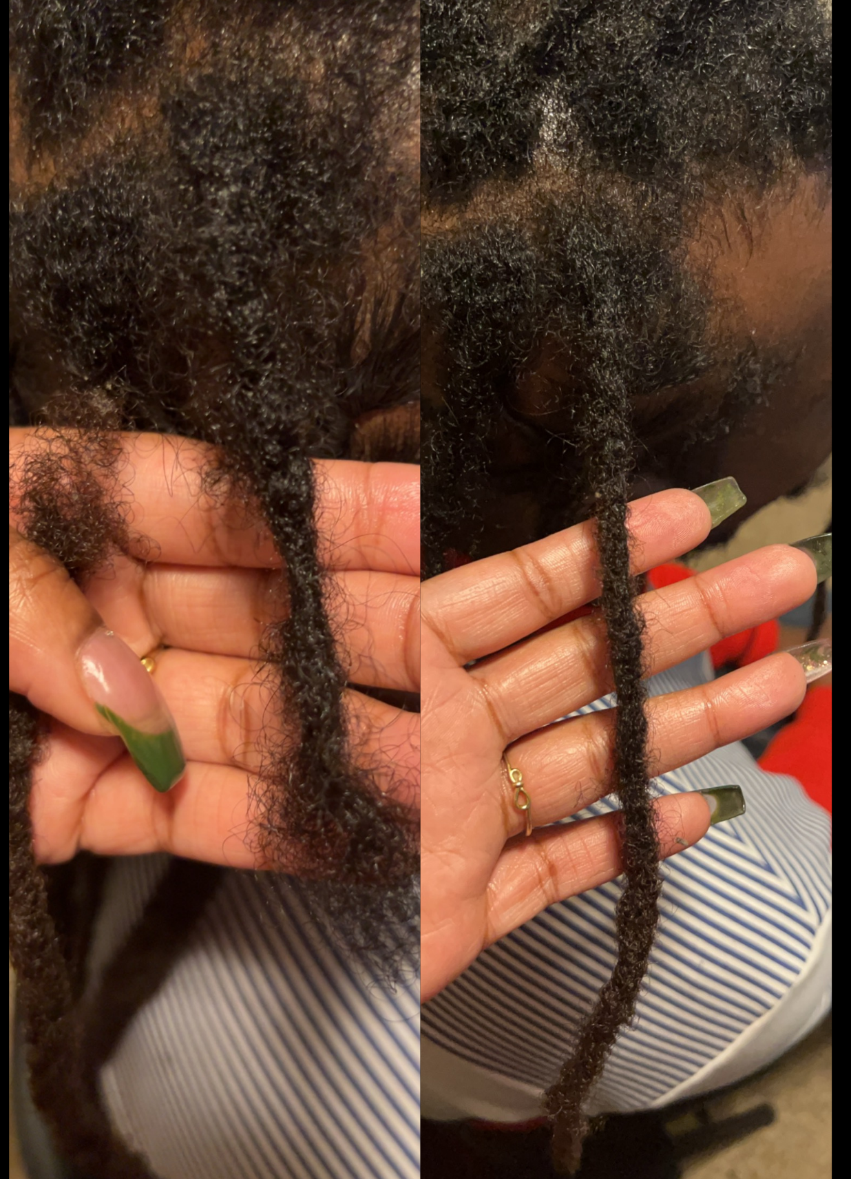 Comparison of natural hair before and after grooming, showing tighter, defined twists with manicured nails in view.