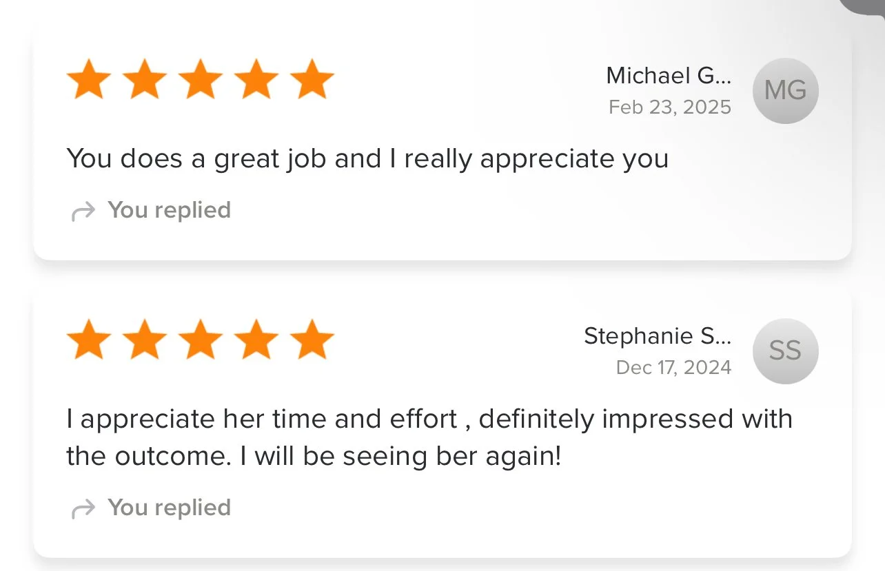Two five-star customer reviews with positive feedback and reply indicators.
