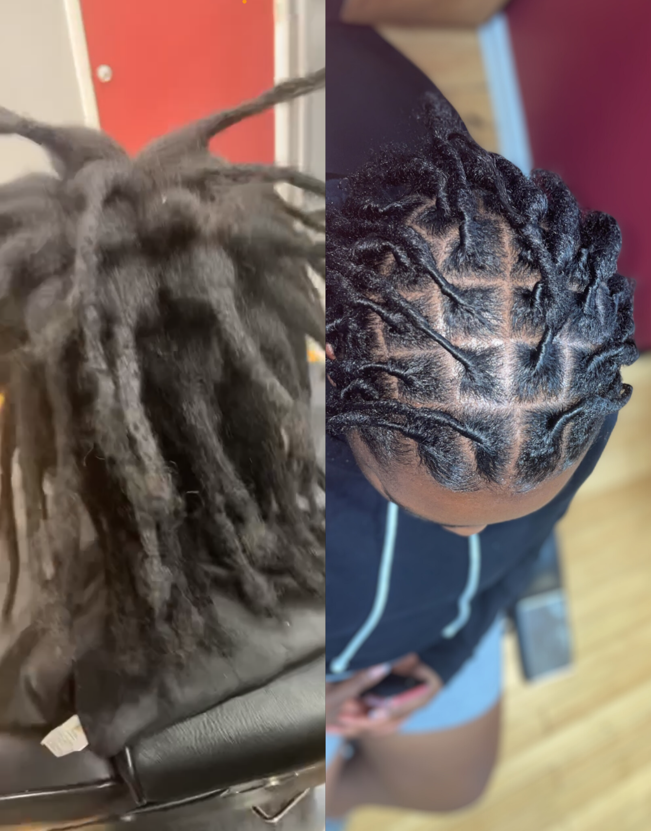 Before and after images of dreadlocks; messy on the left, neatly styled and parted on the right.