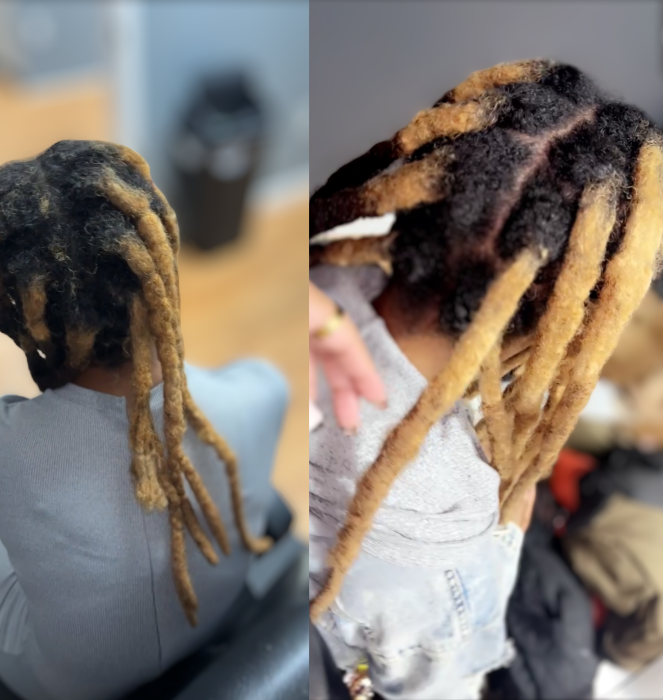 Person with blond dreadlocks sitting on a chair, close-up of hair from different angles.