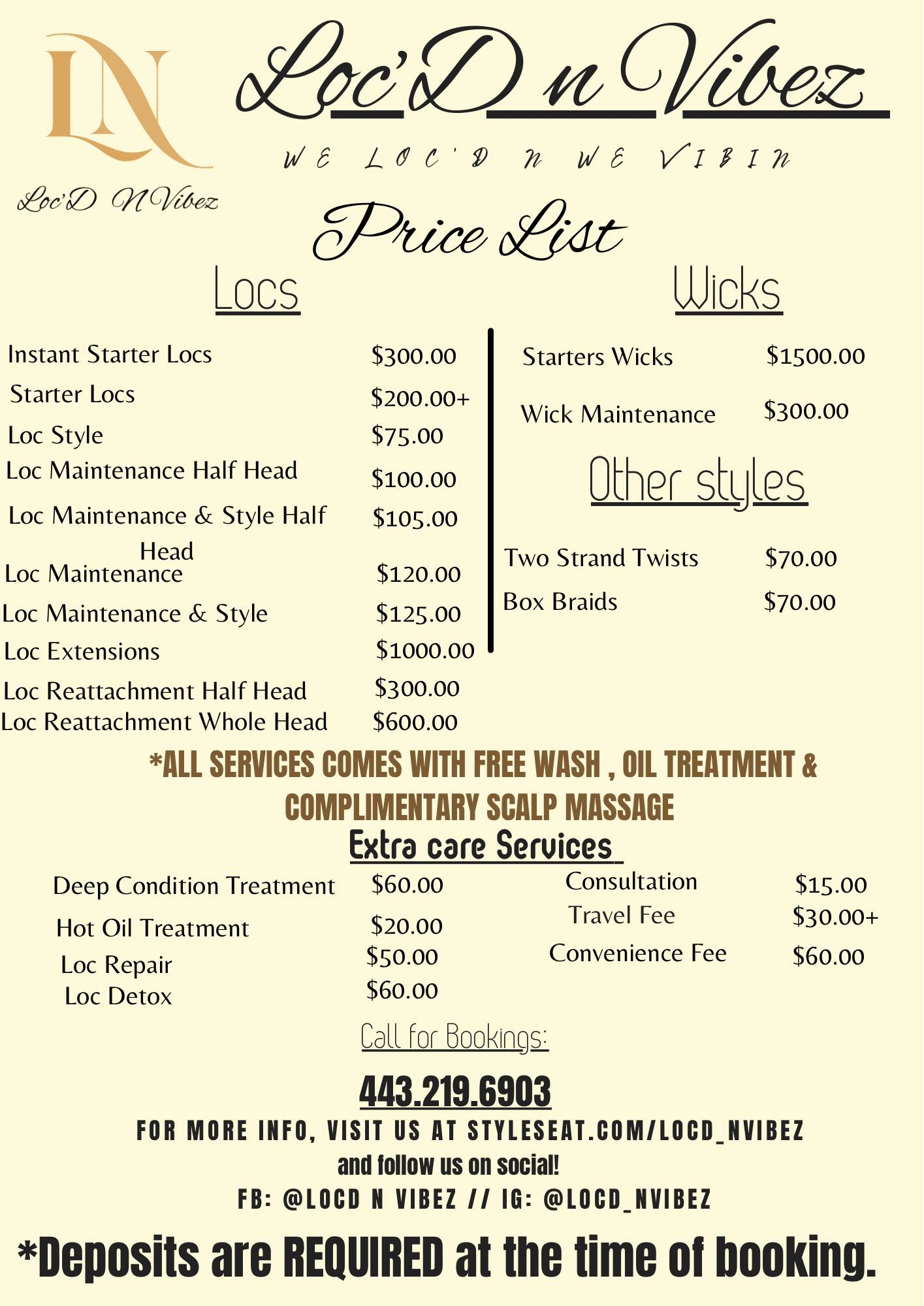 Price list for Loc'D  Vibez salon, detailing costs for locs, wicks, and other styles. Includes prices for loc maintenance, extensions, reattachment, deep conditioning, and additional services like travel and consultation fees. Contact number and social media info provided.