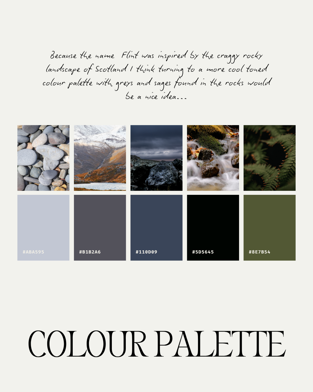 A color palette inspired by Scottish rocks and landscape, featuring five color swatches from light gray to dark blue-green, with images of rocks, mountains, and flowing water above the palette.