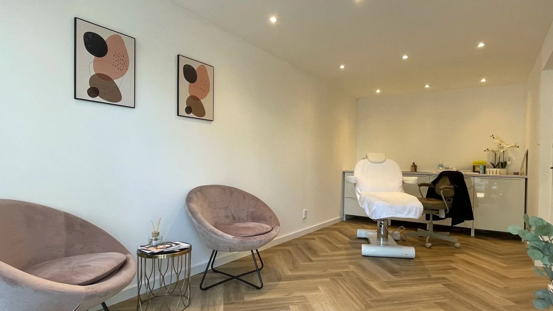 Medical consultation room with two pink velvet chairs, a small glass-top side table with magazines and a reed diffuser. There is a white medical chair covered with a white sheet, a brown office chair, and a long white cabinet with decorative items and flowers. The room has wooden flooring and abstract art pieces hanging on the wall, with ceiling recessed lighting.