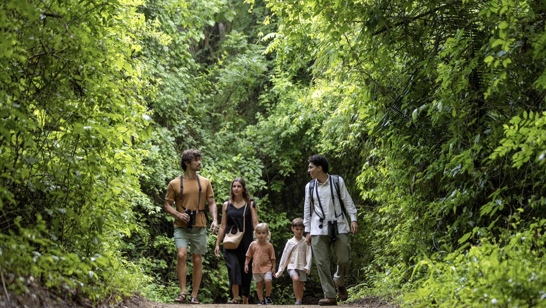 Five people hiking on a forest trail surrounded by lush green foliage.