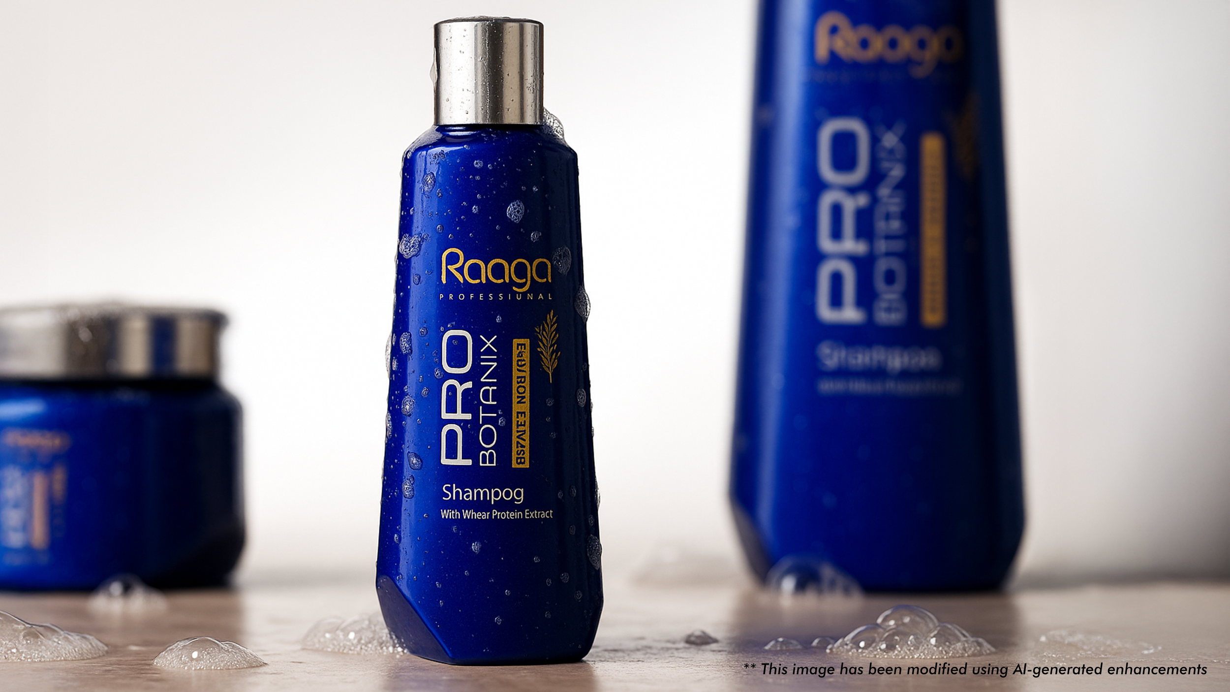 A blue bottle of Raaga Pro BioX shampoo with water droplets, a matching jar, and another blurry shampoo bottle in the background on a wet surface.