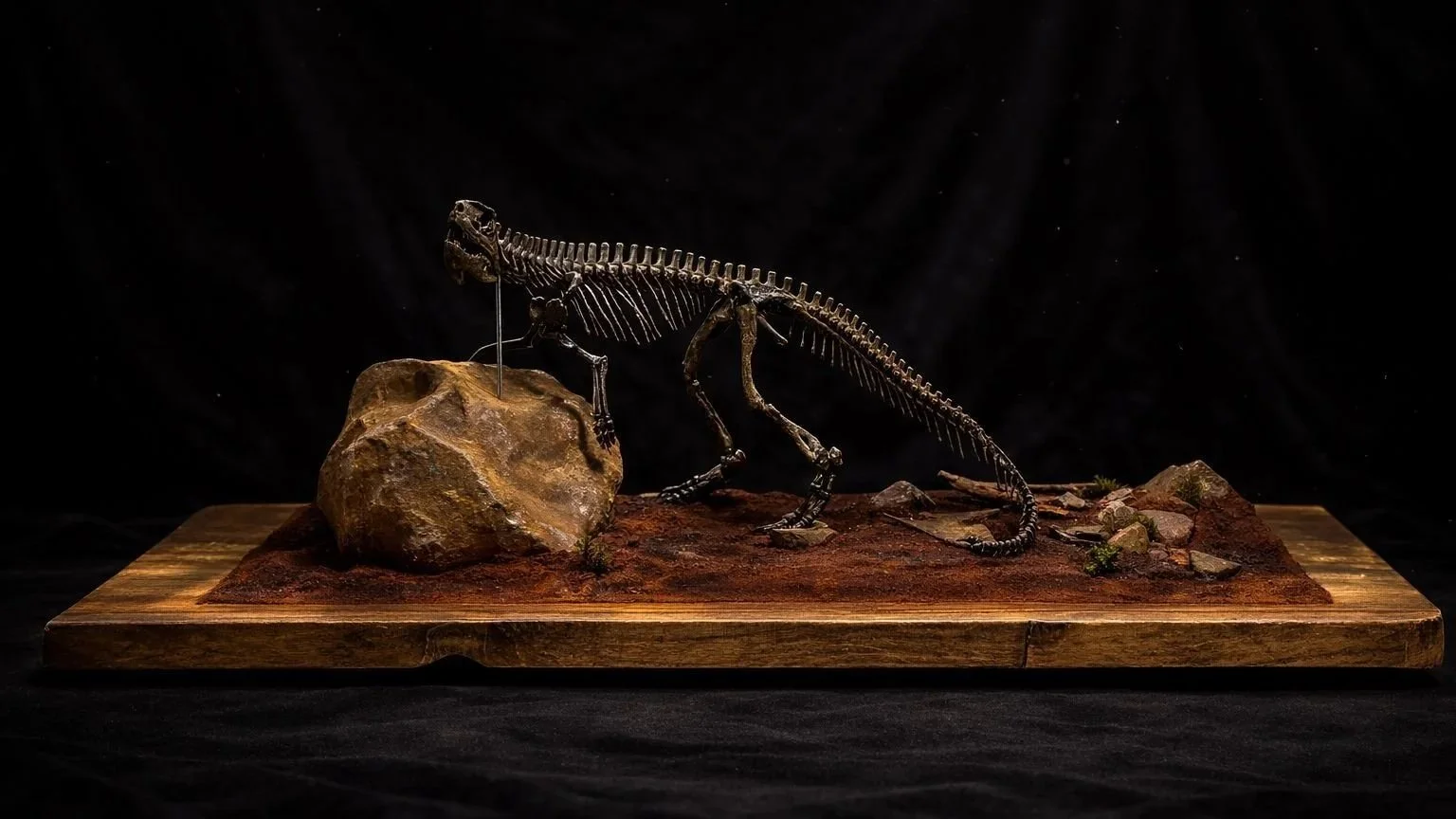Fossilized skeleton of a rauisuchid displayed on a wooden base with a black background.
