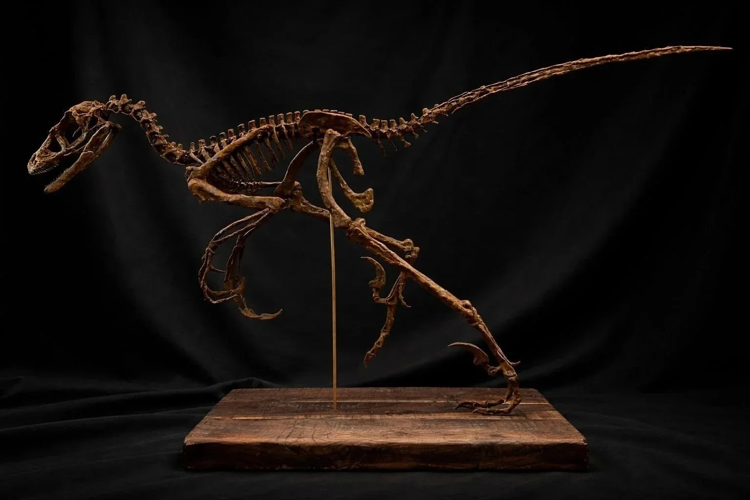 Fossilized skeleton of a theropod bambiraptor dinosaur displayed on a wooden base against a black background.