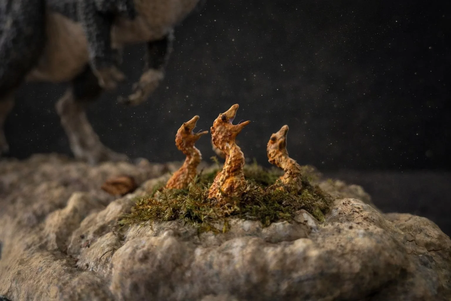 Hatchling theropod dinosaurs in a nest excitedly waiting for food from a parent