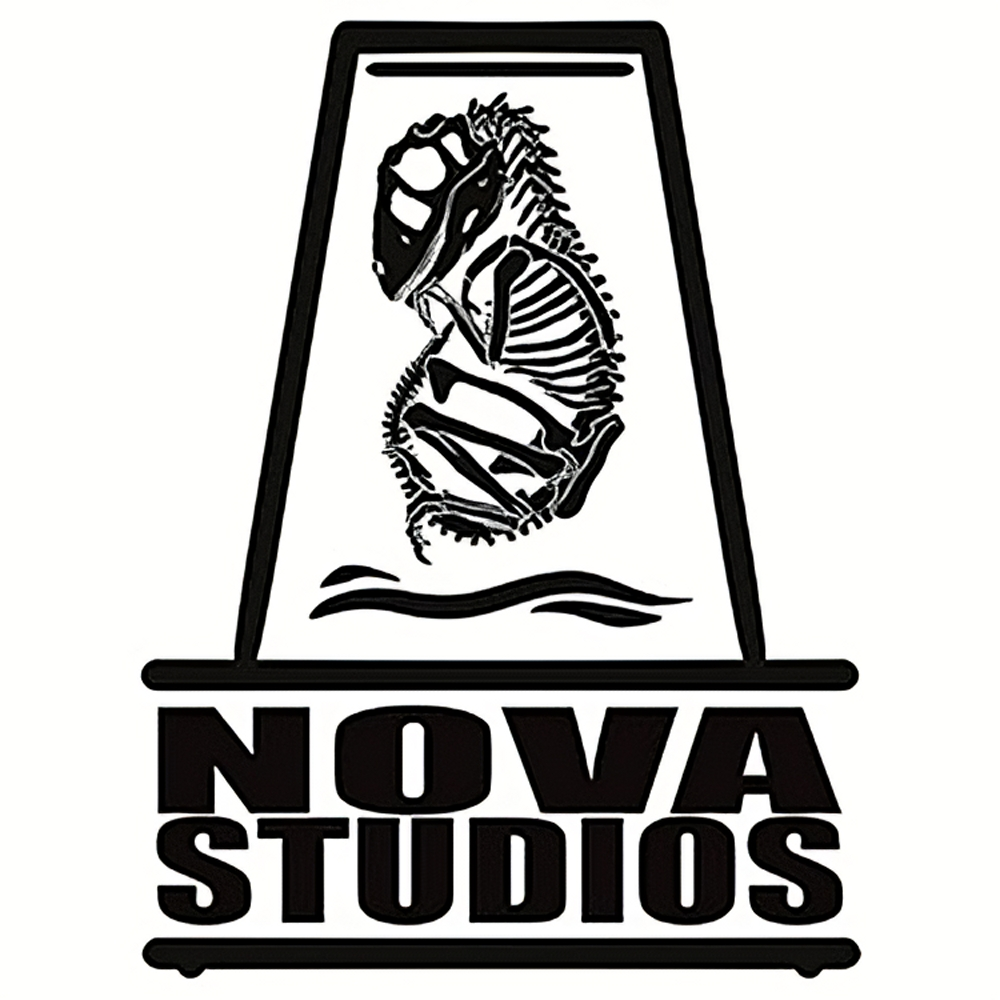 A dinosaur skeleton inside a frame, with the text 'NOVA STUDIOS' below it.