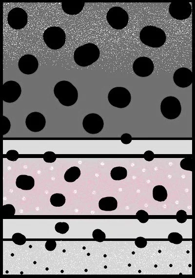 Close-up of three textured fabric patterns with polka dots in black, white, and pink colors.