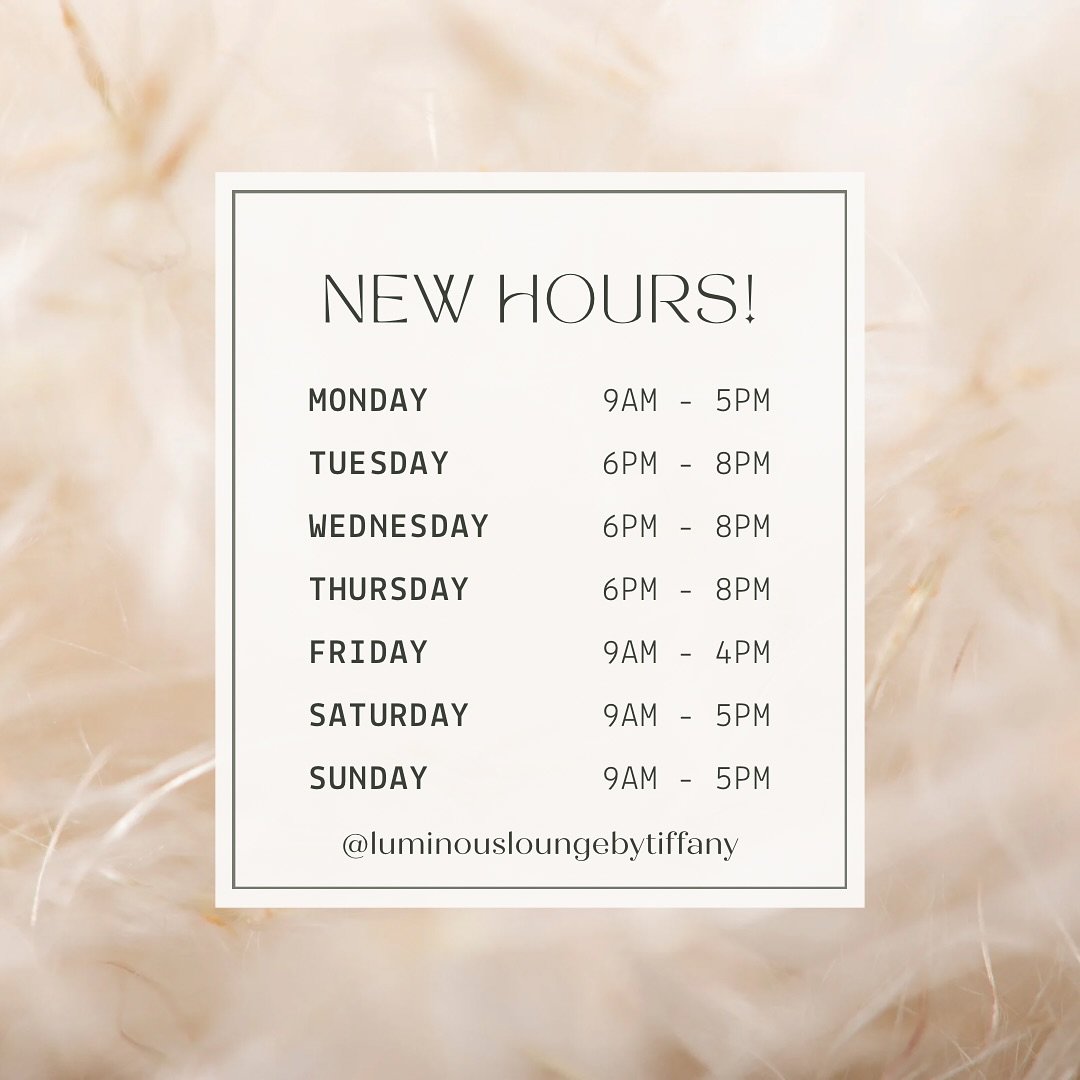 ✨ New Hours, Same Gorgeous Glow! ✨

We&rsquo;re switching things up to serve you better! 💖
Starting July 1st, our new business hours are: 
Tuesdays-Thursday from 6pm-8pm 
Mondays, Fridays, &amp; Weekends from 9am-5pm

Whether you&rsquo;re prepping f