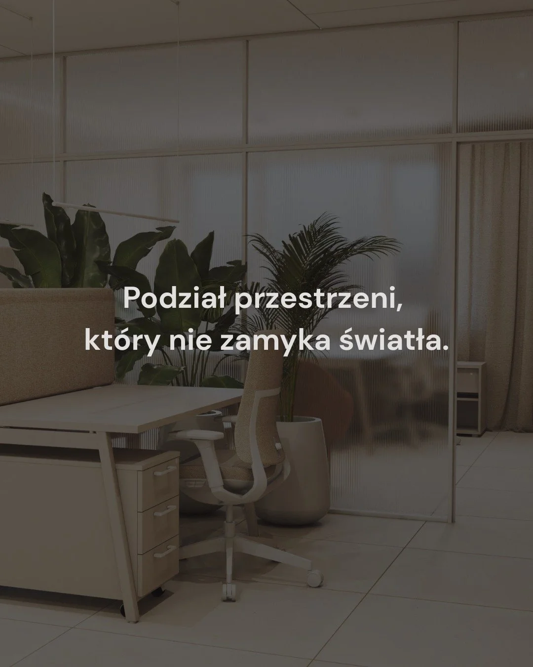 Zaczęłam od pytania: jak podzielić biuro na strefy, nie zamykając światła.
Odpowiedź to szkło ryflowane zamiast gipsowych ścianek. Rozmywa sylwetki po drugiej stronie, ale przepuszcza dzień do środka planu.

Dąb powtarza się w recepcji, korytarzu i s