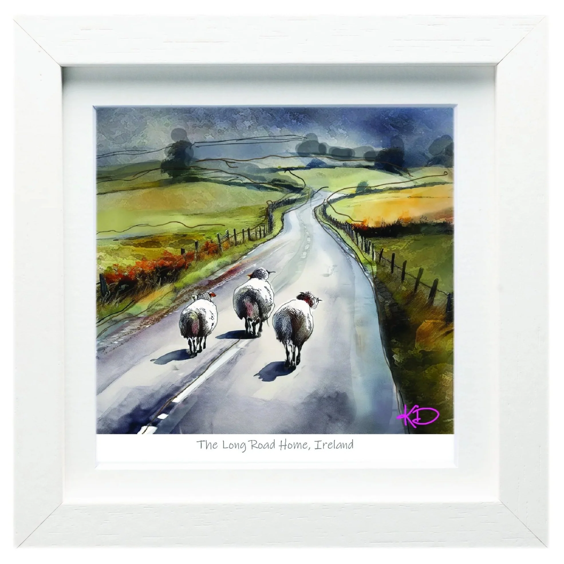 The Long Road Home, Ireland by Karolina Di Duca, showing three sheep walking along a winding country road through green Irish fields.