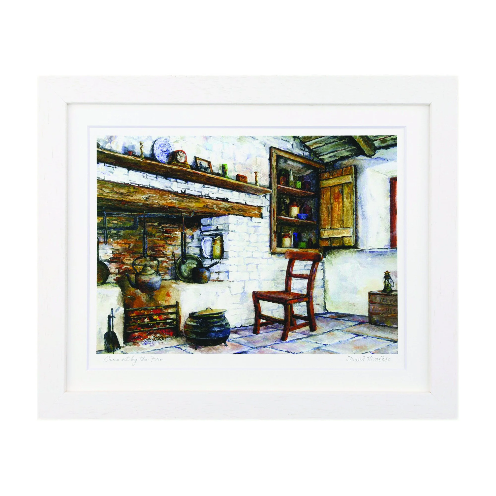 Come Sit by the Fire A whitewashed Irish hearth with a kettle hanging on a crane, a black cooking pot on the flagstones and a wooden chair drawn up to the fire. Framed print by David Minehan.