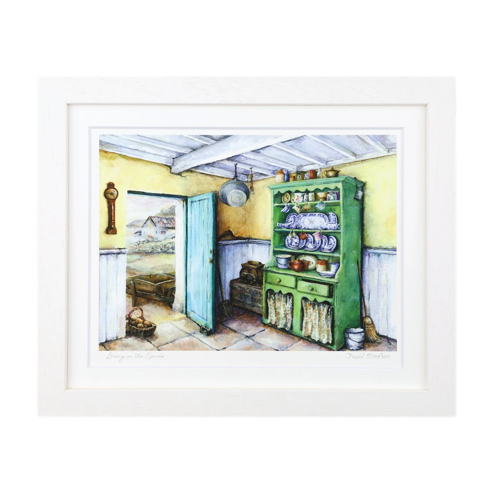 Bring in the Spuds A green dresser and a blue half-door open to the fields, with a basket of potatoes on the flagstones of a yellow-walled kitchen. Framed print by David Minehan.