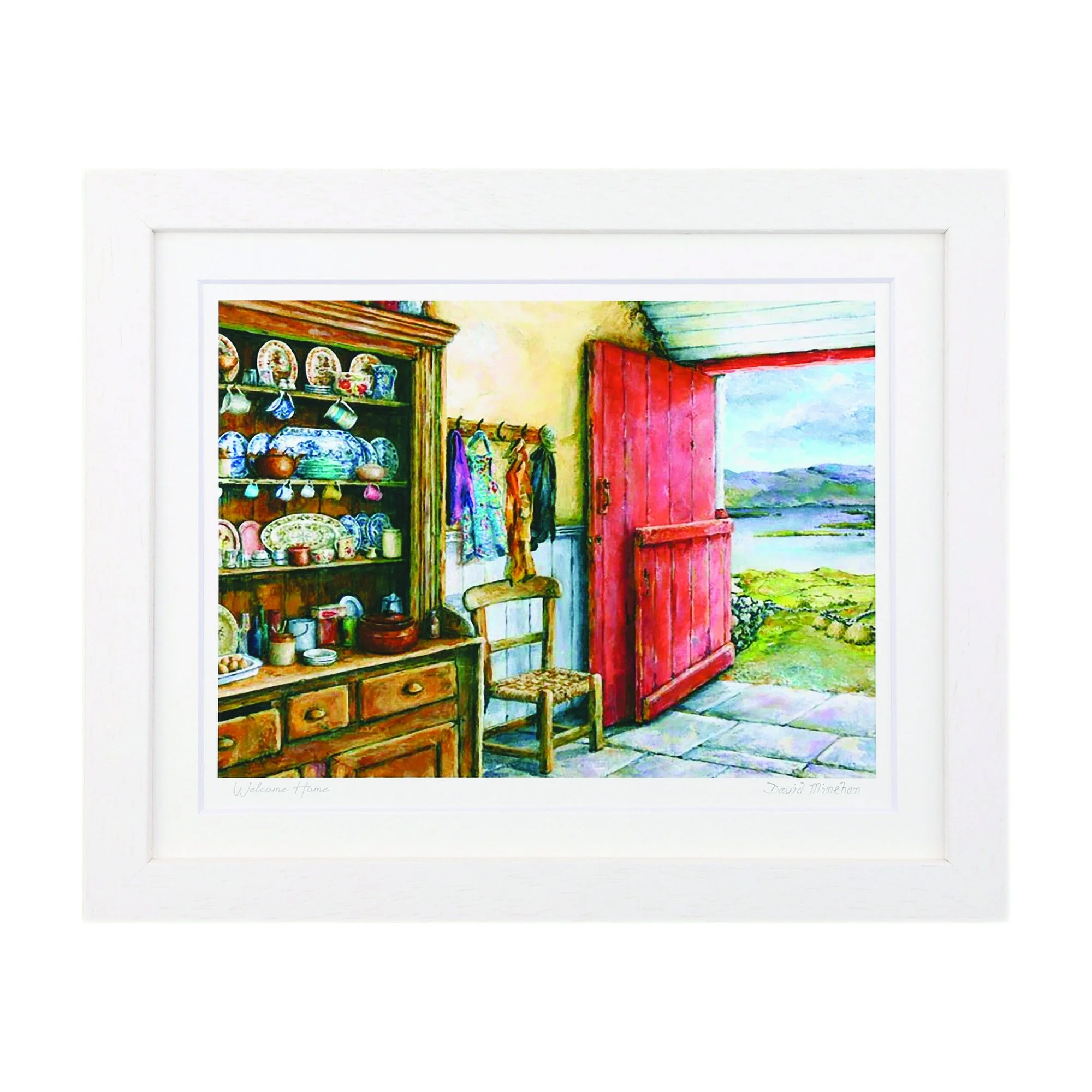 Welcome Home A red half-door standing open to a lake and hills beyond, with a dresser of blue-and-white china and coats hanging by the door. Framed print by David Minehan.