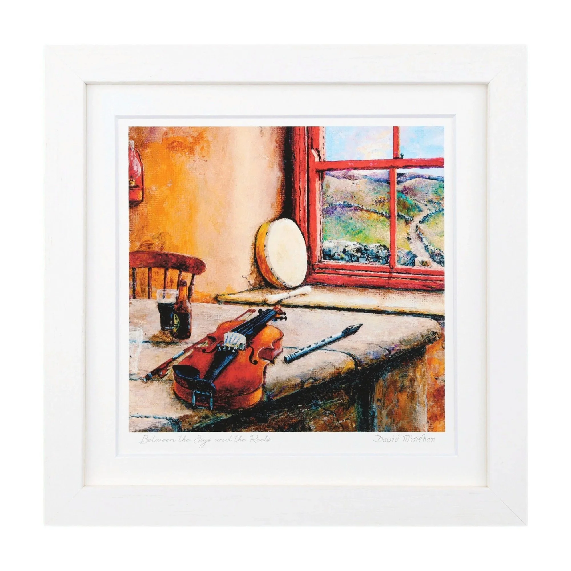 Between the Jigs and the Reels A fiddle, tin whistle and bodhrán resting on a stone windowsill beside a pint of stout, with green hills through a red-framed window. Framed print by David Minehan.