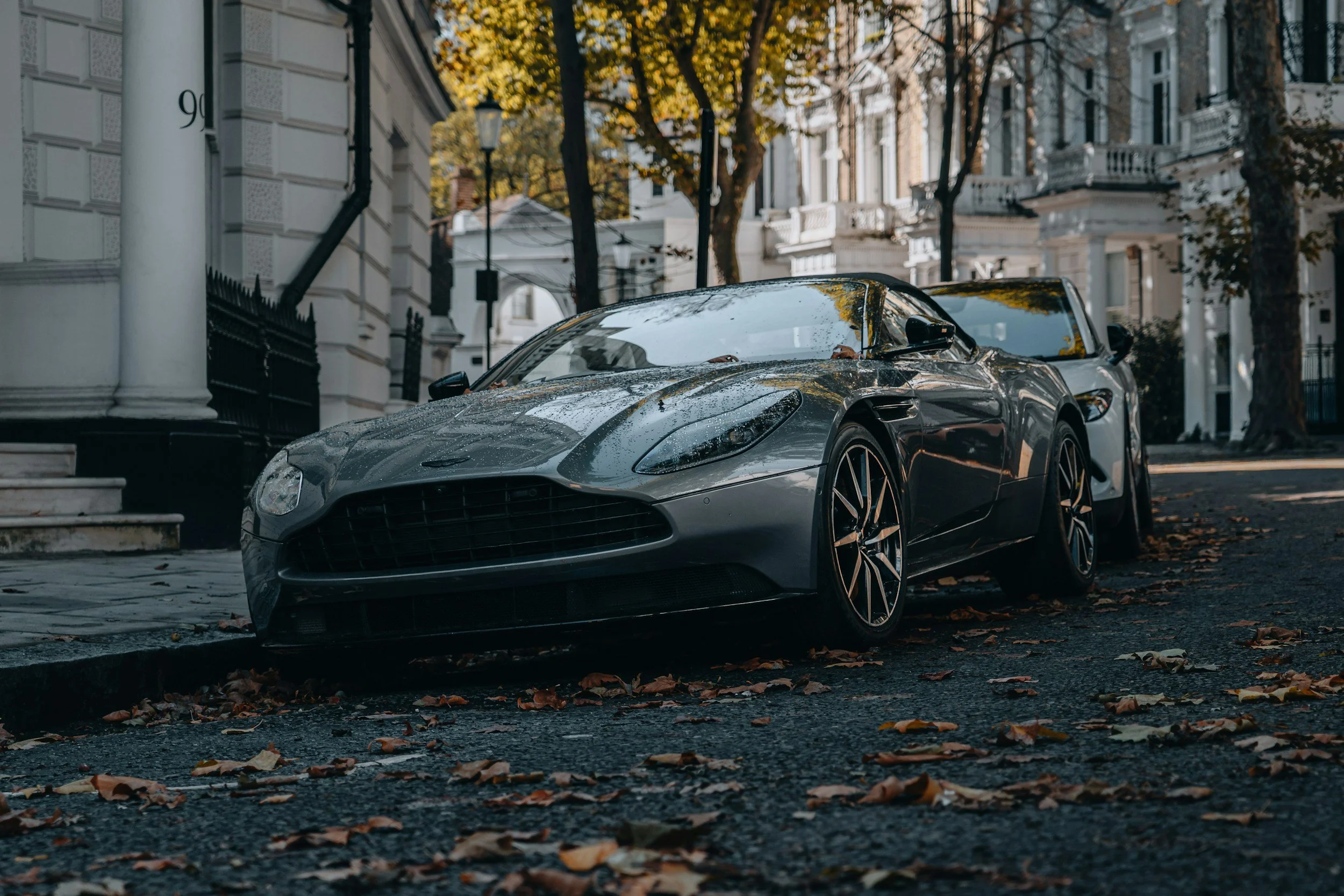 A gray sports car parked on a city street with fallen leaves on the ground.
