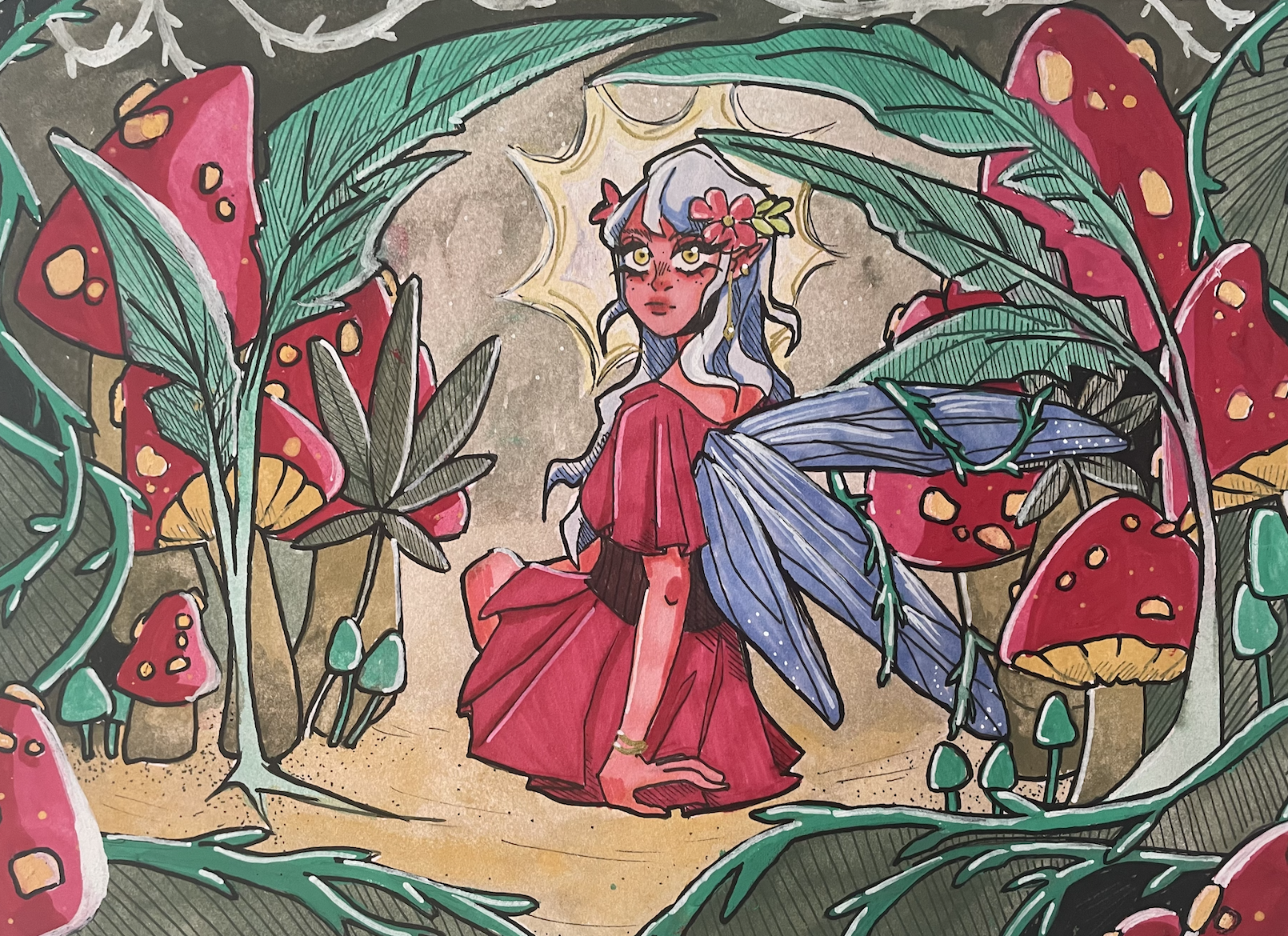 Forest fairy; Pen, marker, and watercolor