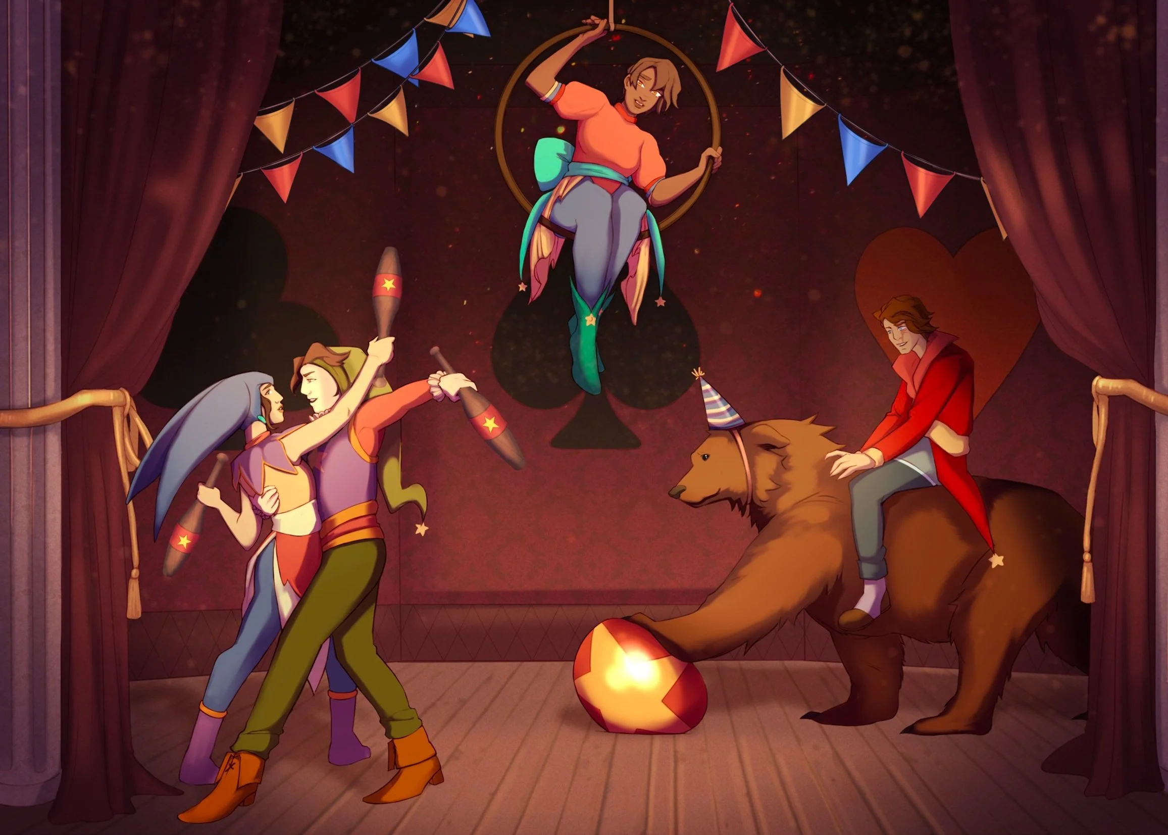 This character design project is a circus acrobatics team in which my goal was to create a diverse cast of characters who all look like they work together.
