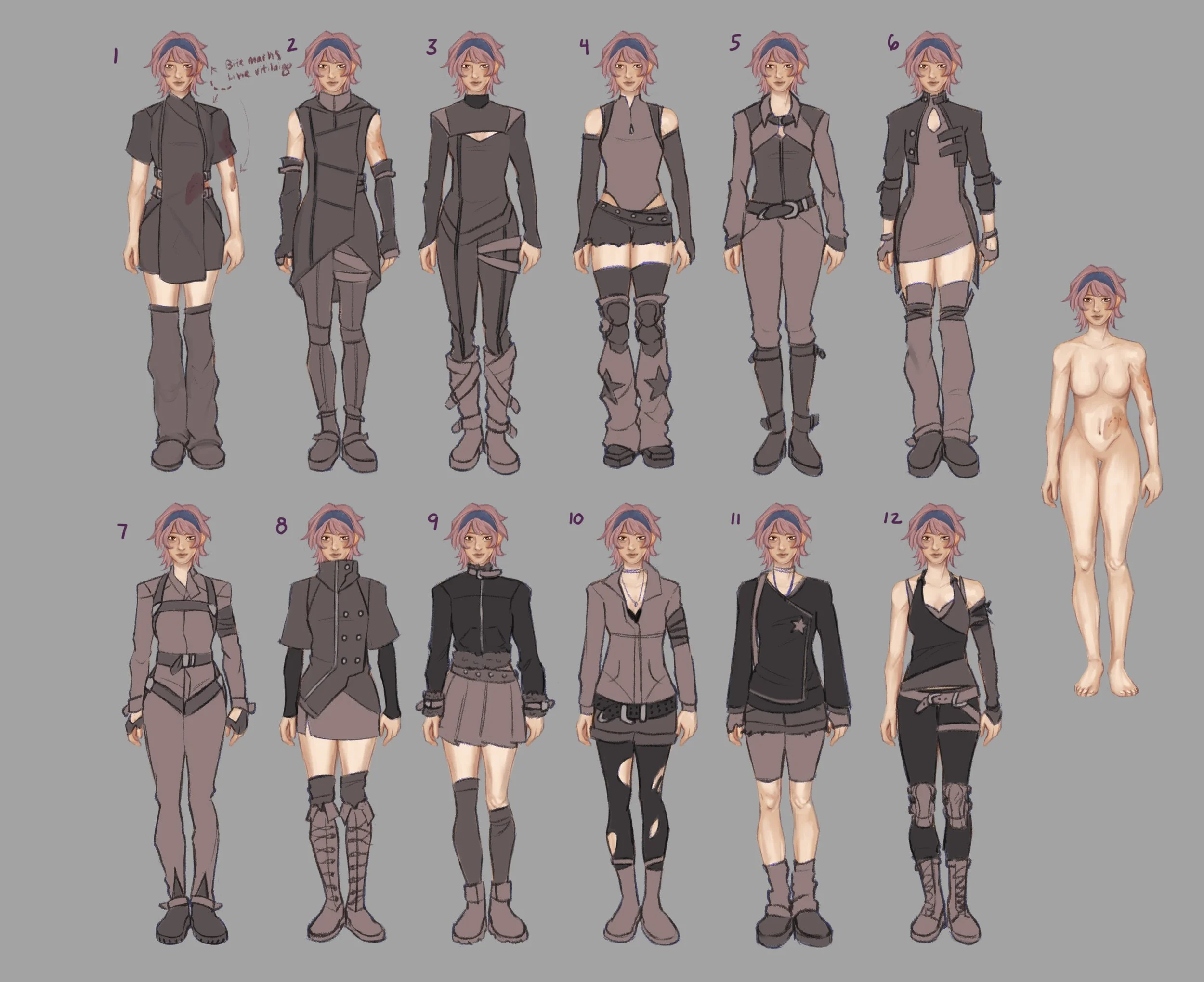 Outfit Explorations- Mara should have two outfits: field medic and post-apocalyptic survivor, both fashion forward inspired by grunge.