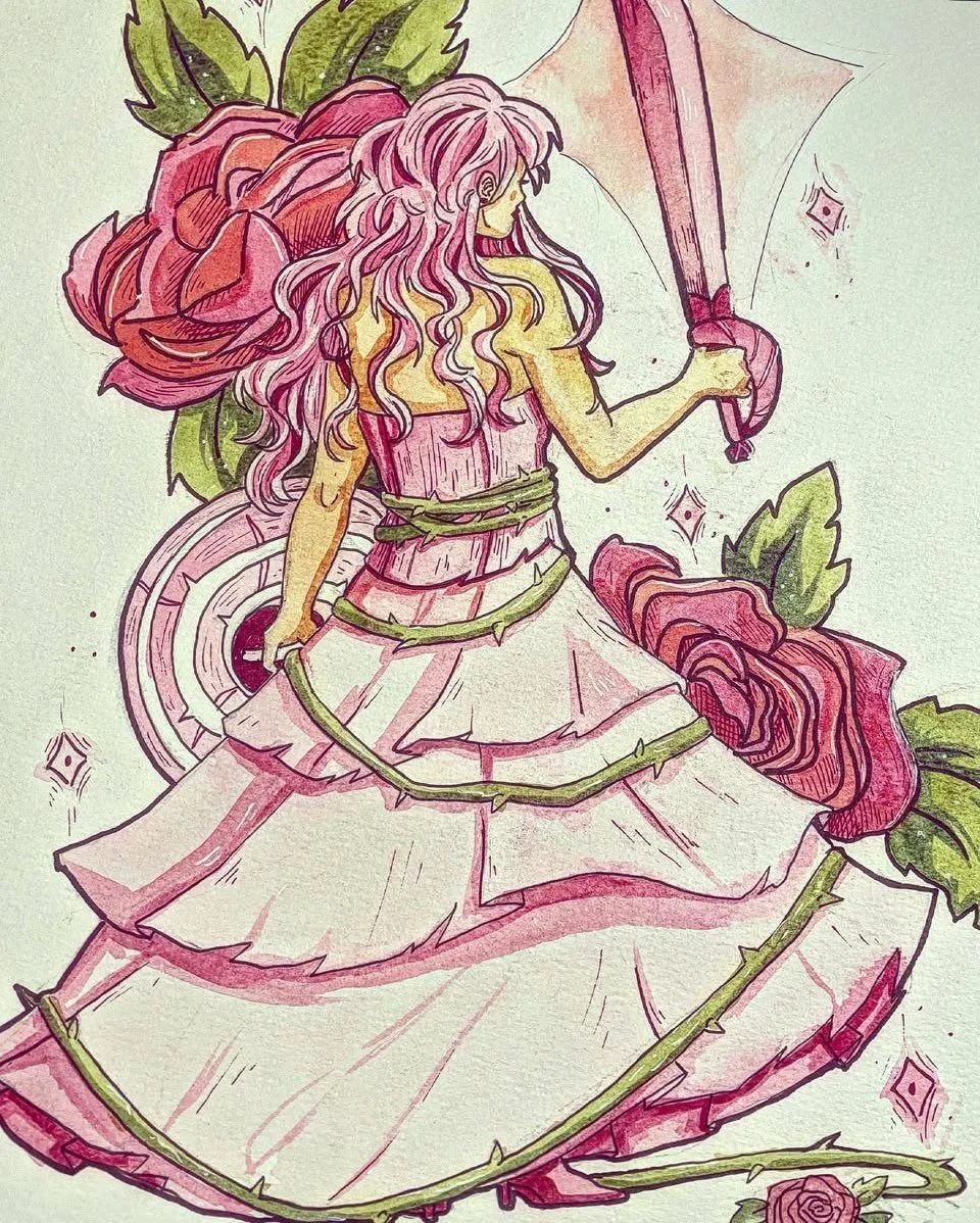 Pink diamond; Pen and watercolor 