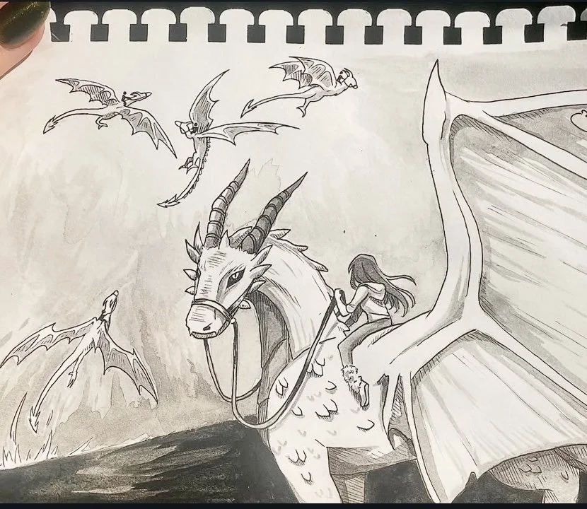 Dragon riders; Pen and ink