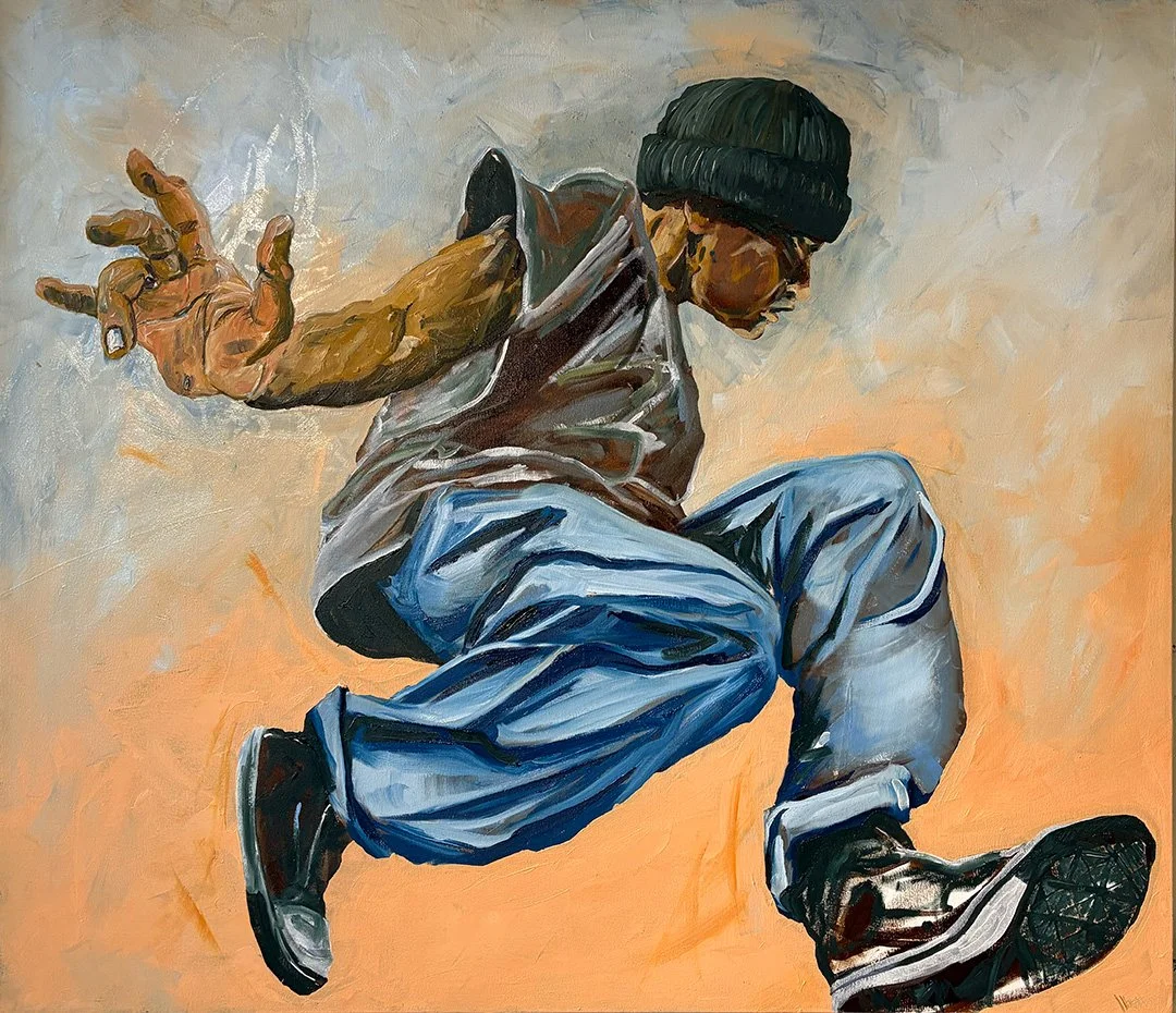 Hands dirty, Cons Scuffed, Sweat pouring. 
Oil on canvas, 39 1/2 x 47 in., 2026