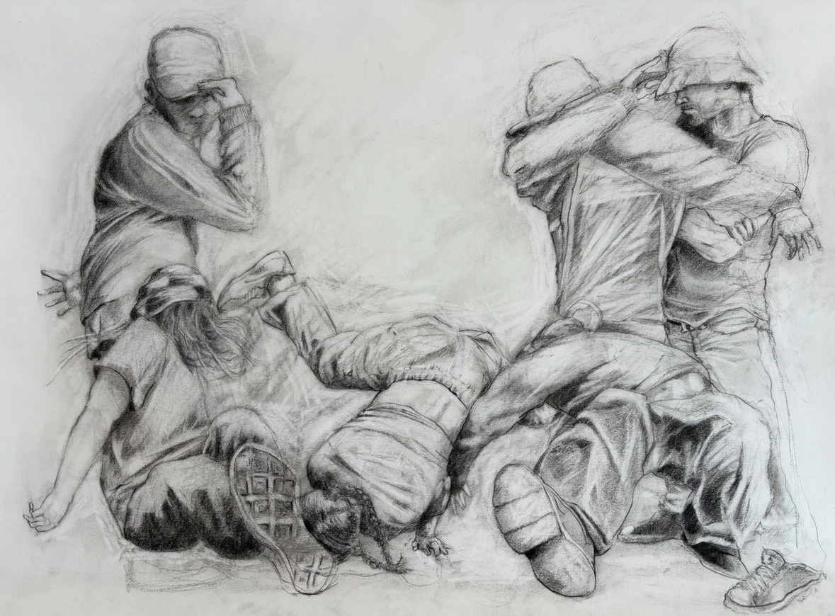 Step into our World. 
Charcoal on Arches paper, 22 x 30 in., 2025