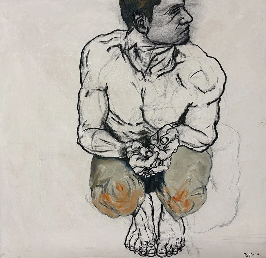 Perched on the Edge of Silence and Strength. 
Oil and charcoal on canvas, 39 x 40 in., 2026