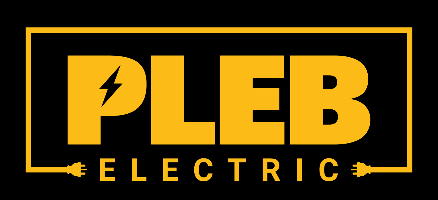Logo for Pleb Electric in yellow text with black background, featuring a lightning bolt in the letter P and electrical plugs on either side of the word Electric.