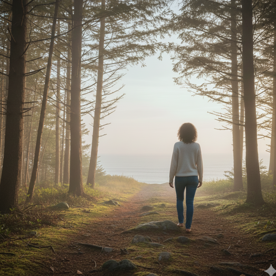 Woman walking in woods approaching the ocean